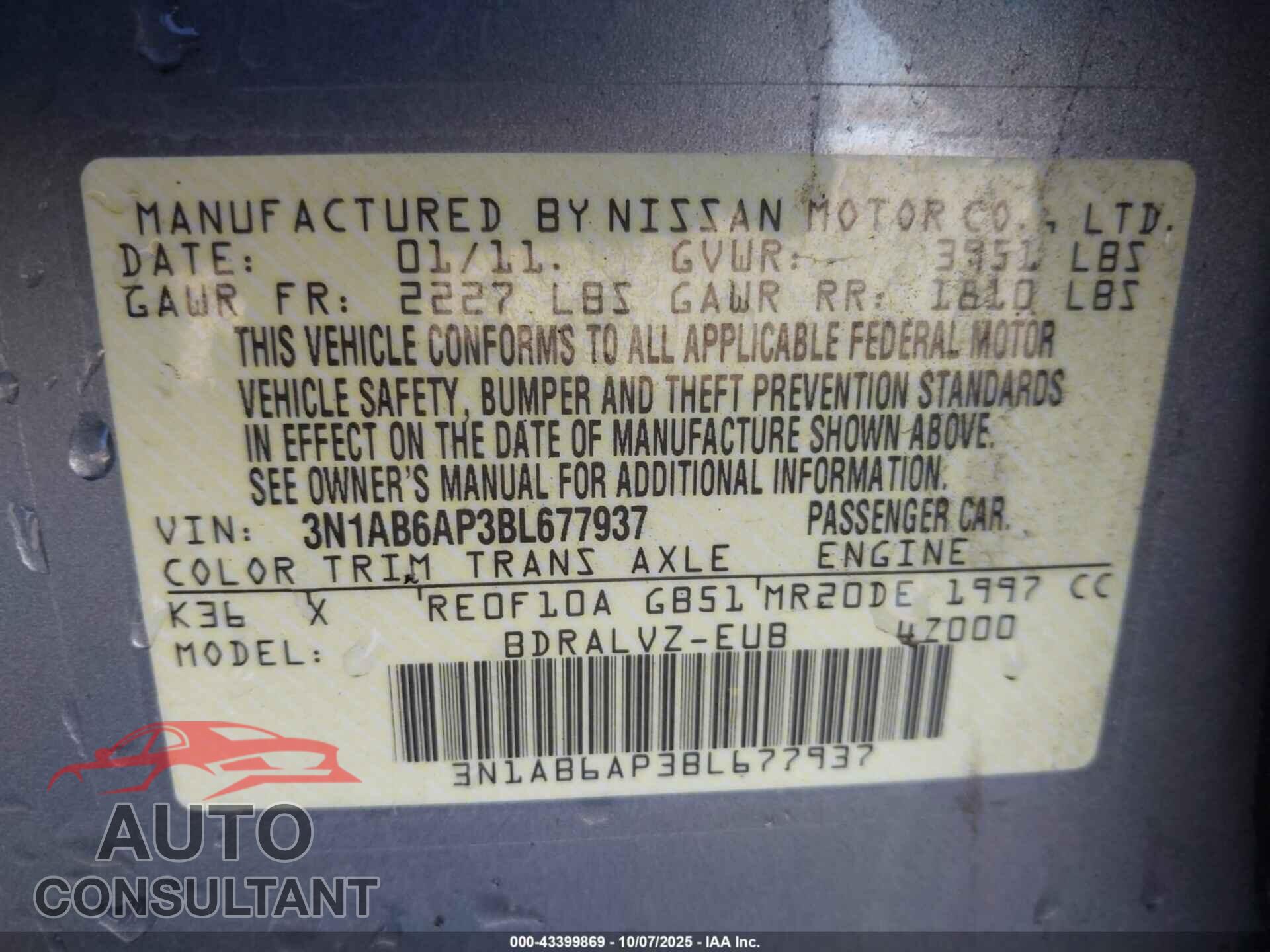 NISSAN SENTRA 2011 - 3N1AB6AP3BL677937