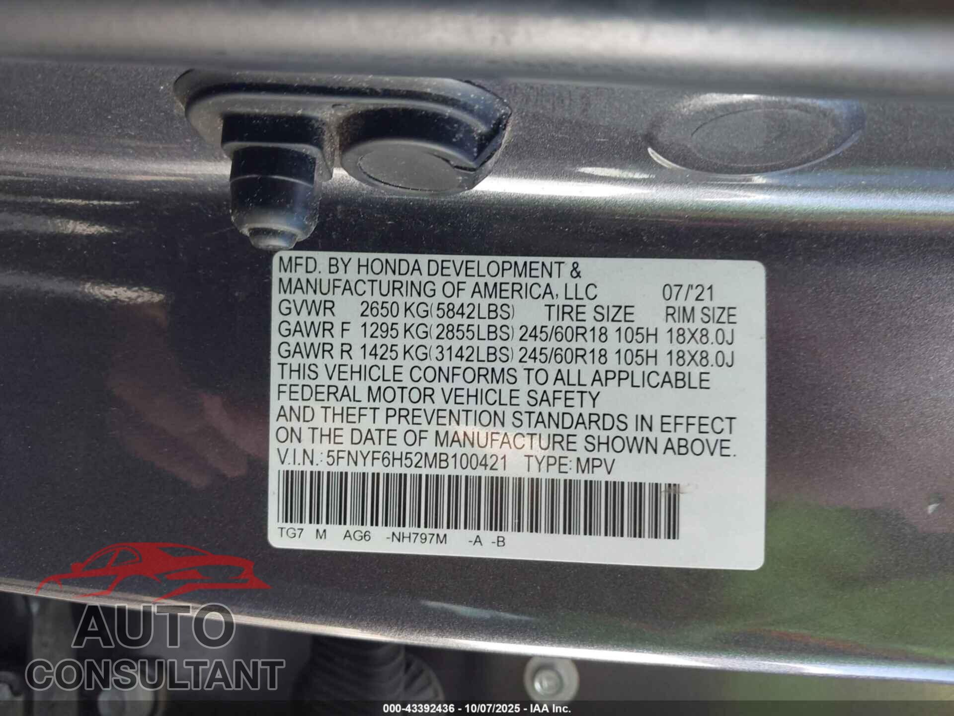 HONDA PILOT 2021 - 5FNYF6H52MB100421