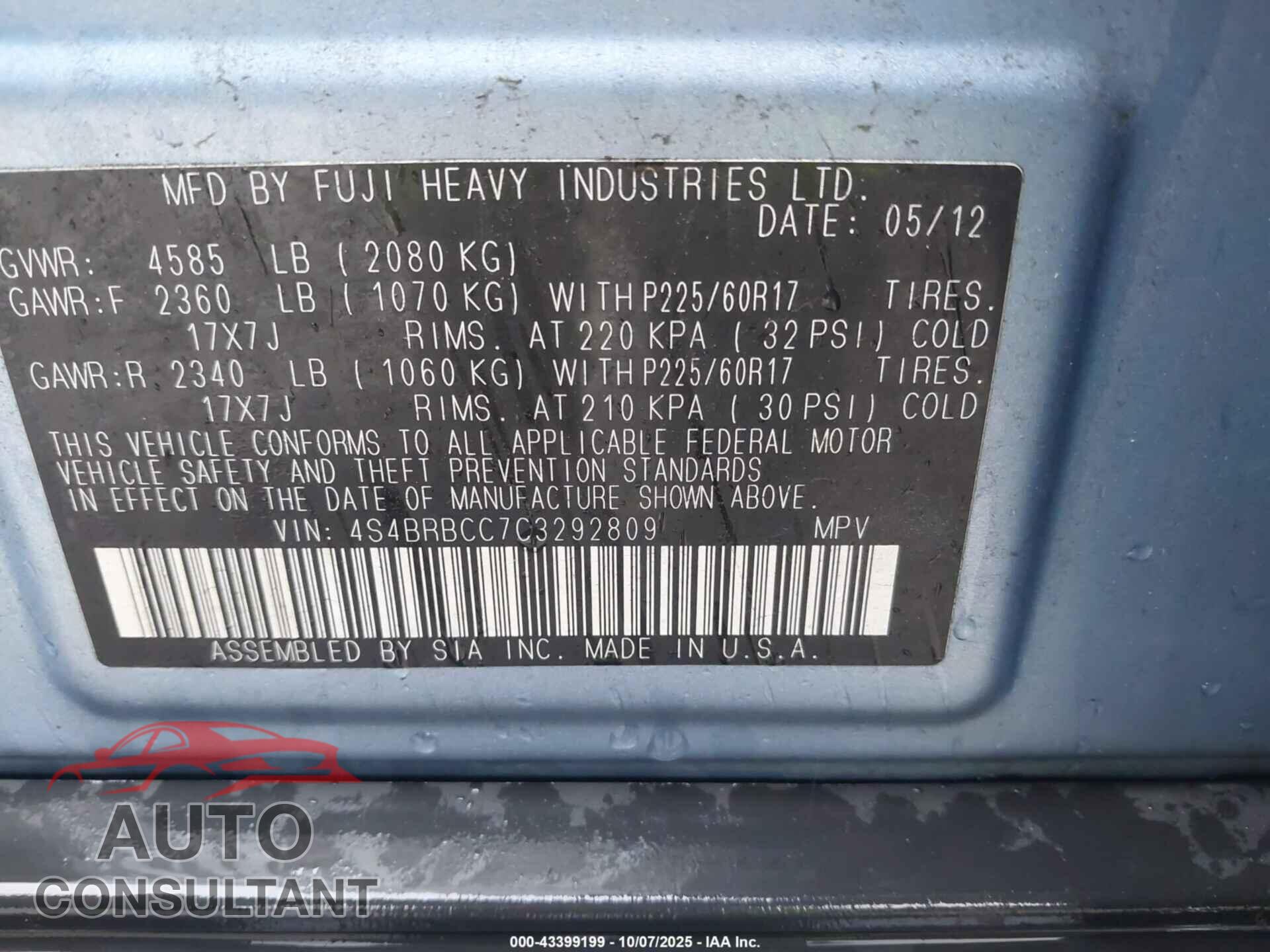 SUBARU OUTBACK 2012 - 4S4BRBCC7C3292809
