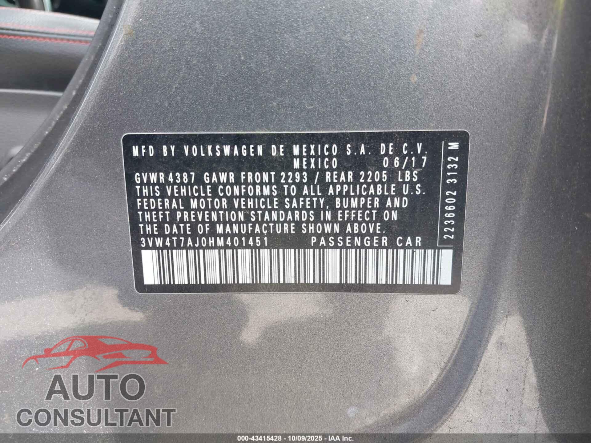 VOLKSWAGEN JETTA 2017 - 3VW4T7AJ0HM401451