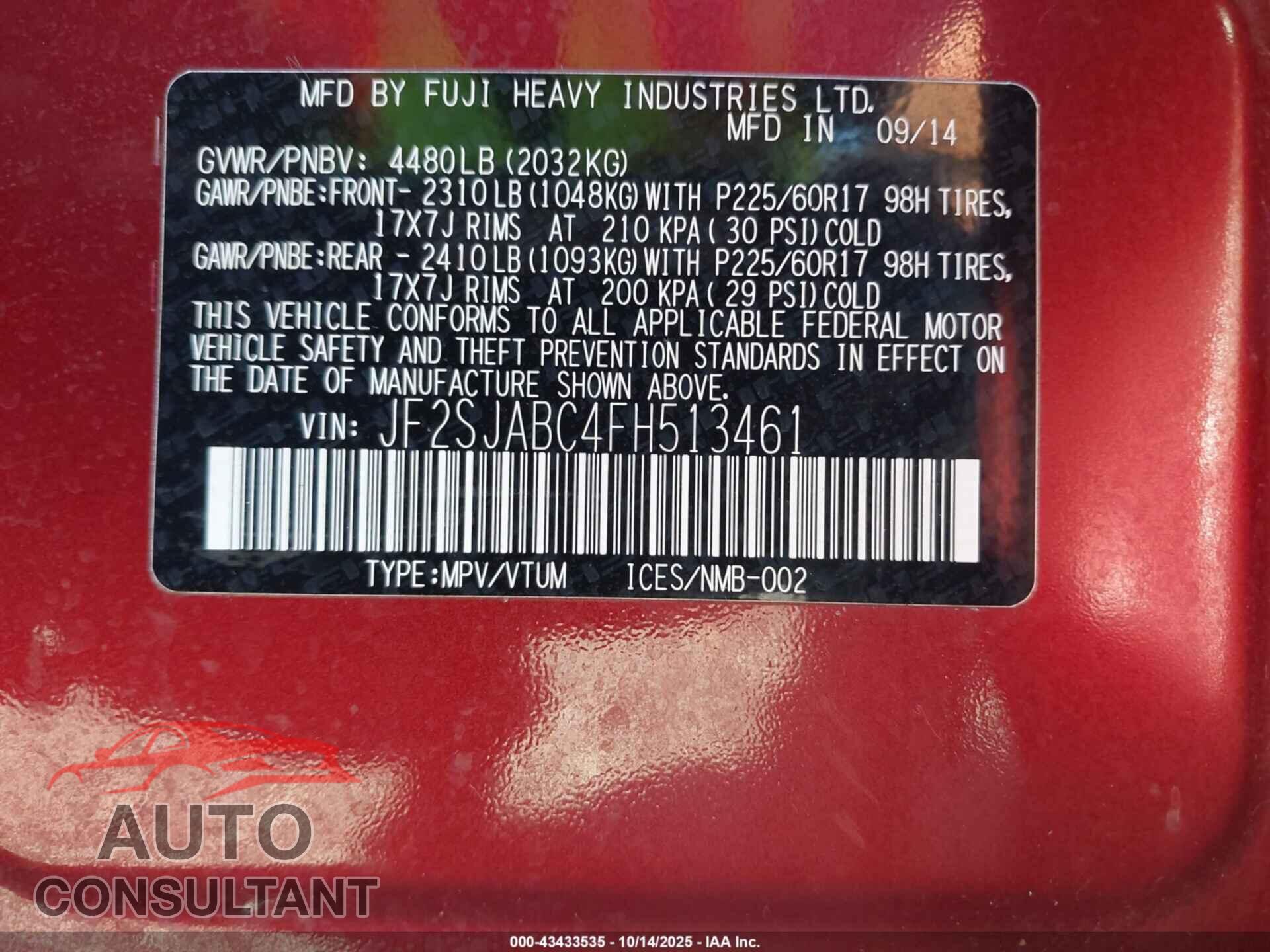 SUBARU FORESTER 2015 - JF2SJABC4FH513461