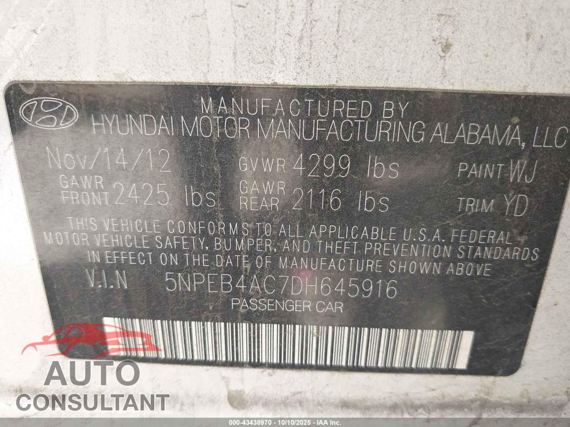 HYUNDAI SONATA 2013 - 5NPEB4AC7DH645916