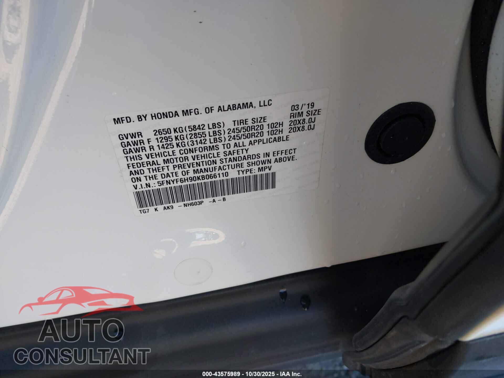 HONDA PILOT 2019 - 5FNYF6H90KB066110