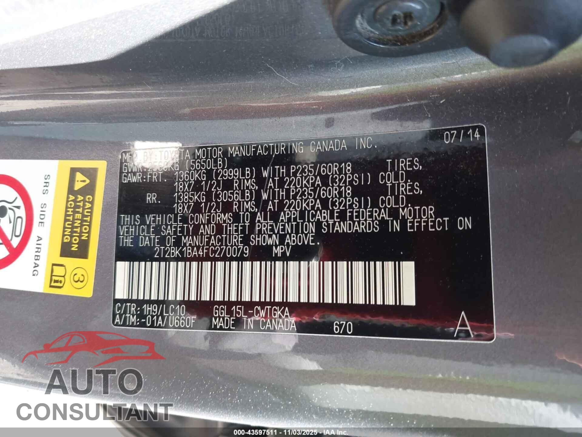 LEXUS RX 350 2015 - 2T2BK1BA4FC270079