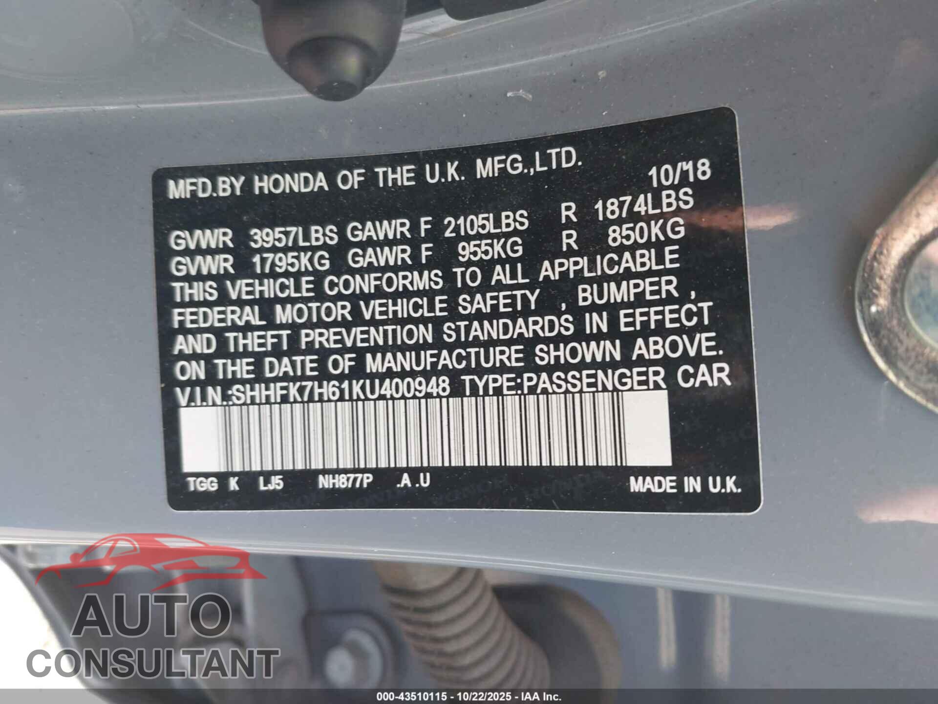 HONDA CIVIC 2019 - SHHFK7H61KU400948