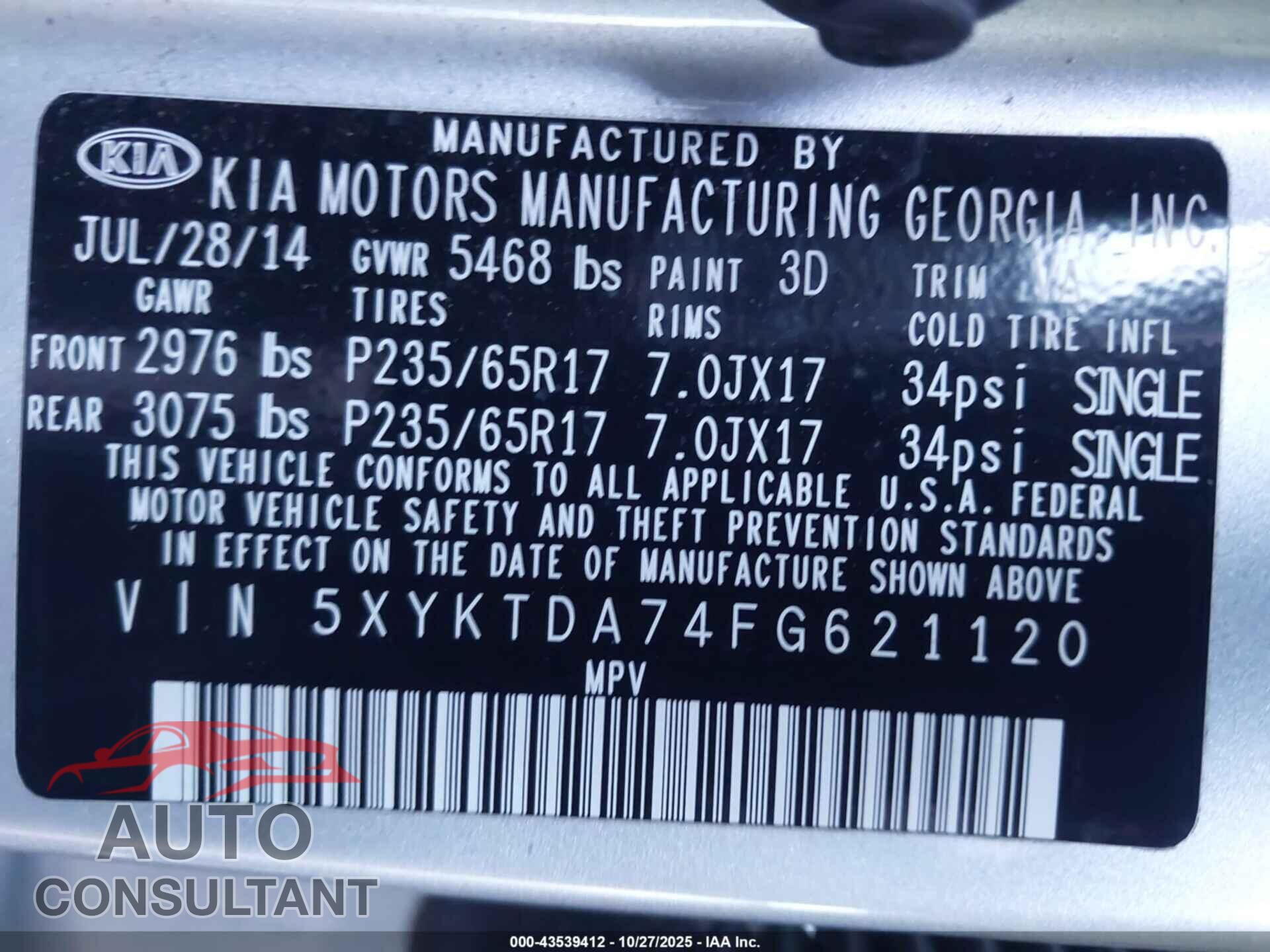 KIA SORENTO 2015 - 5XYKTDA74FG621120