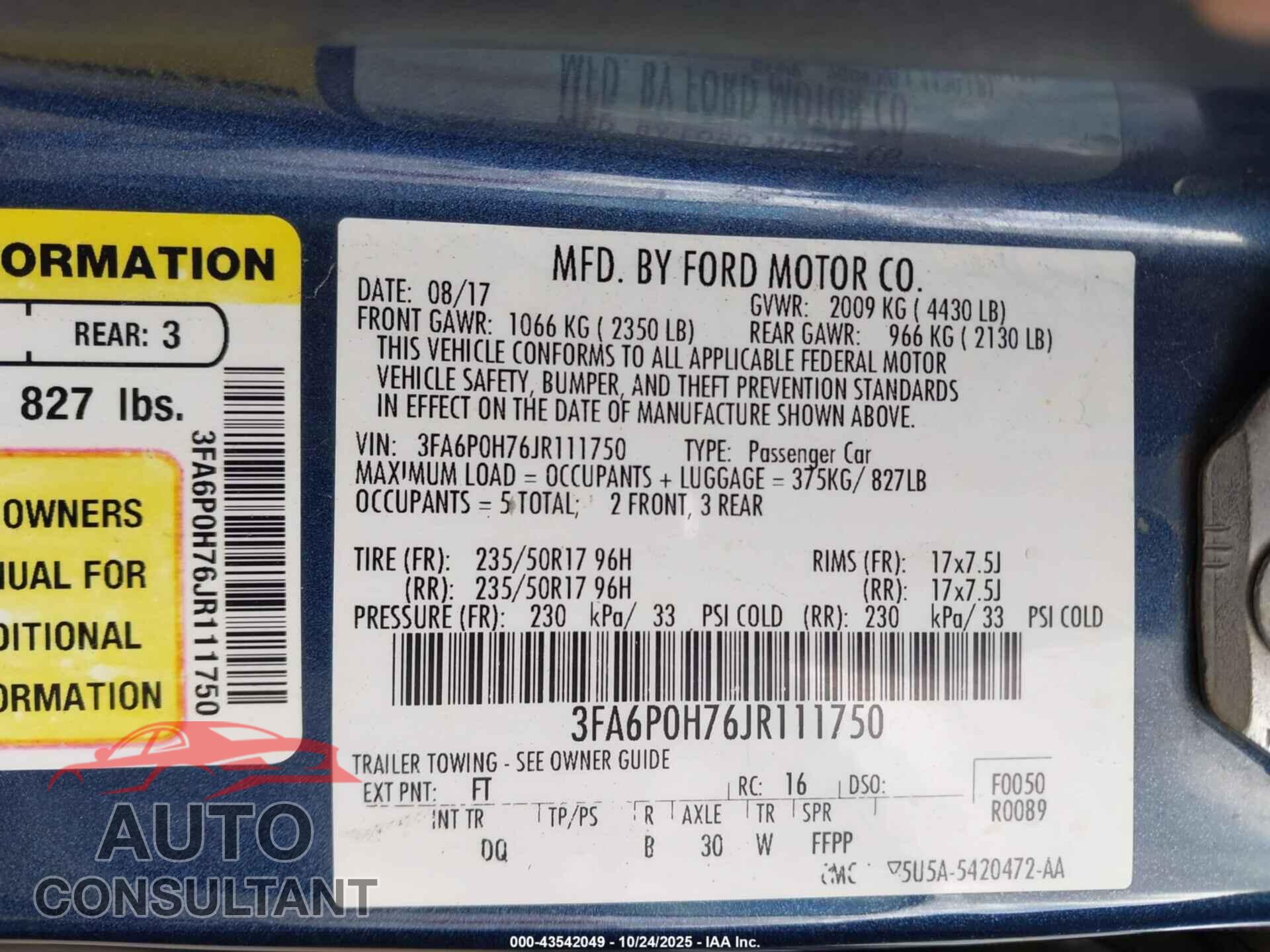 FORD FUSION 2018 - 3FA6P0H76JR111750
