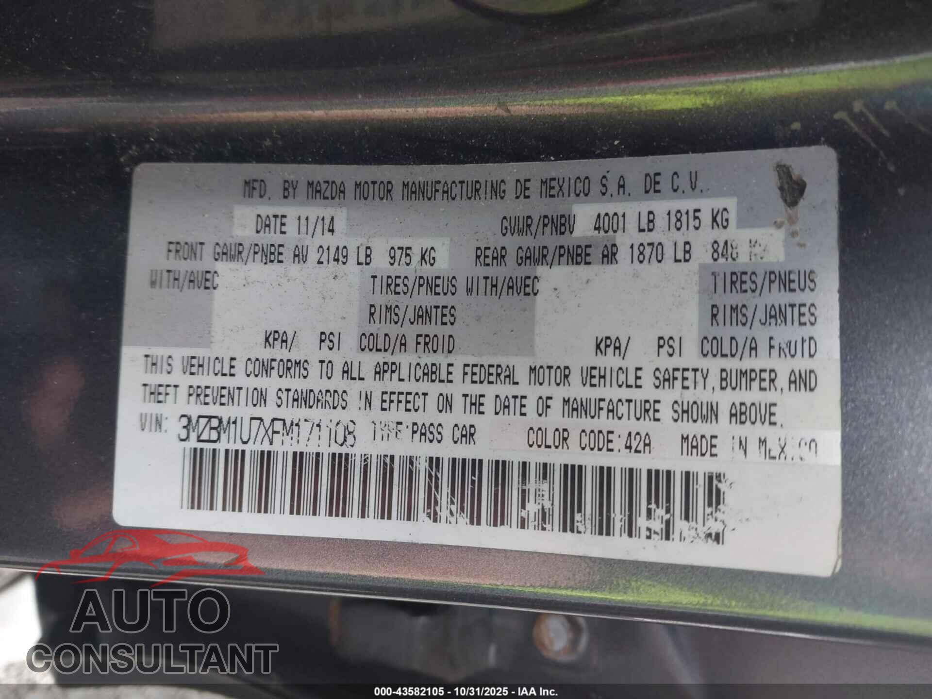 MAZDA MAZDA3 2015 - 3MZBM1U7XFM171108
