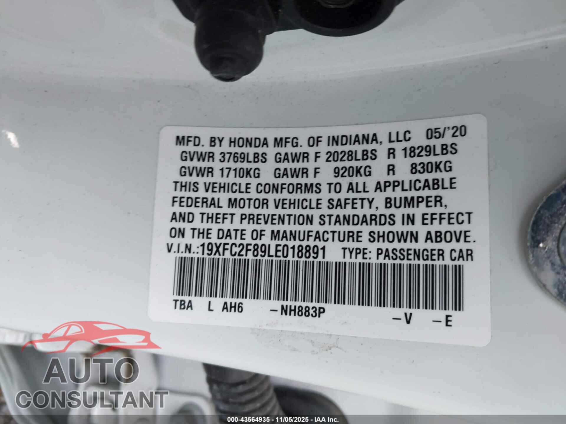 HONDA CIVIC 2020 - 19XFC2F89LE018891