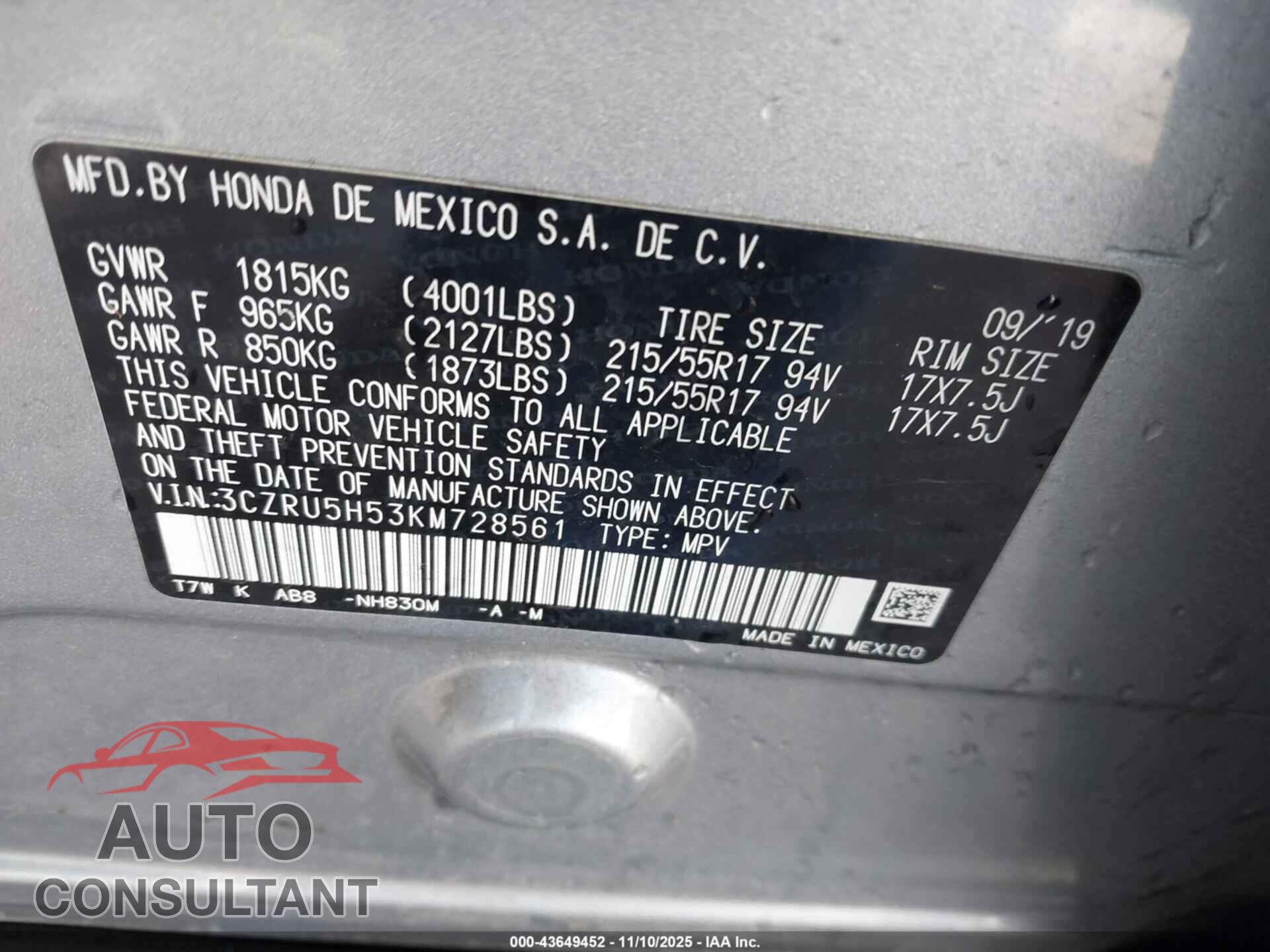 HONDA HR-V 2019 - 3CZRU5H53KM728561
