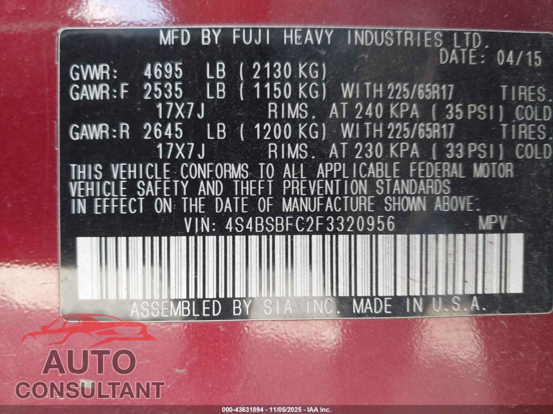 SUBARU OUTBACK 2015 - 4S4BSBFC2F3320956