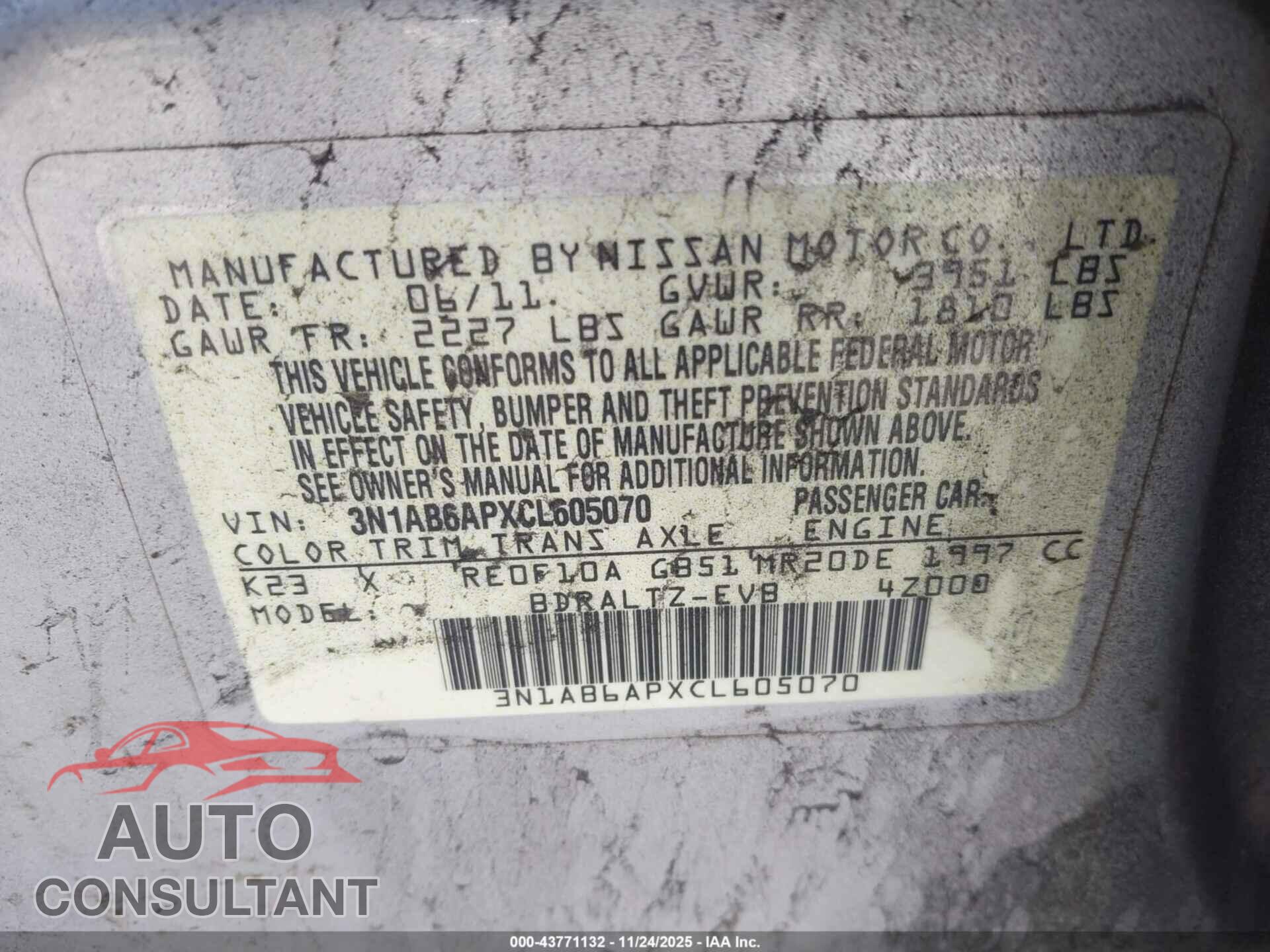 NISSAN SENTRA 2012 - 3N1AB6APXCL605070