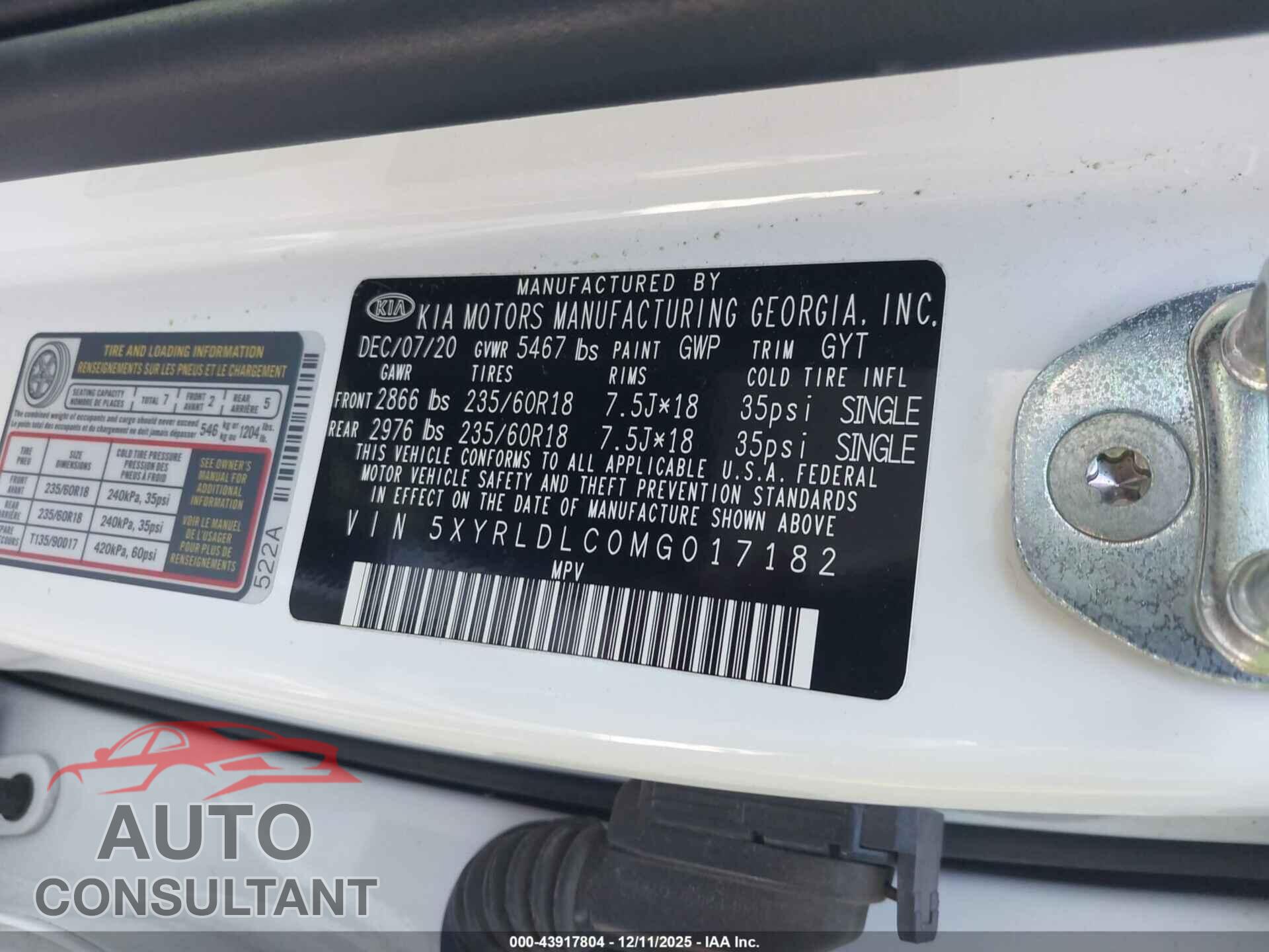 KIA SORENTO 2021 - 5XYRLDLC0MG017182