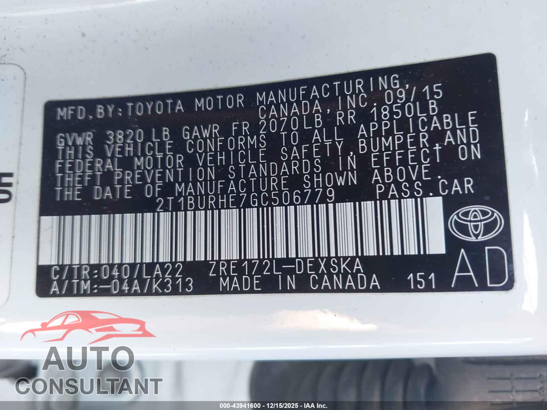 TOYOTA COROLLA 2016 - 2T1BURHE7GC506779