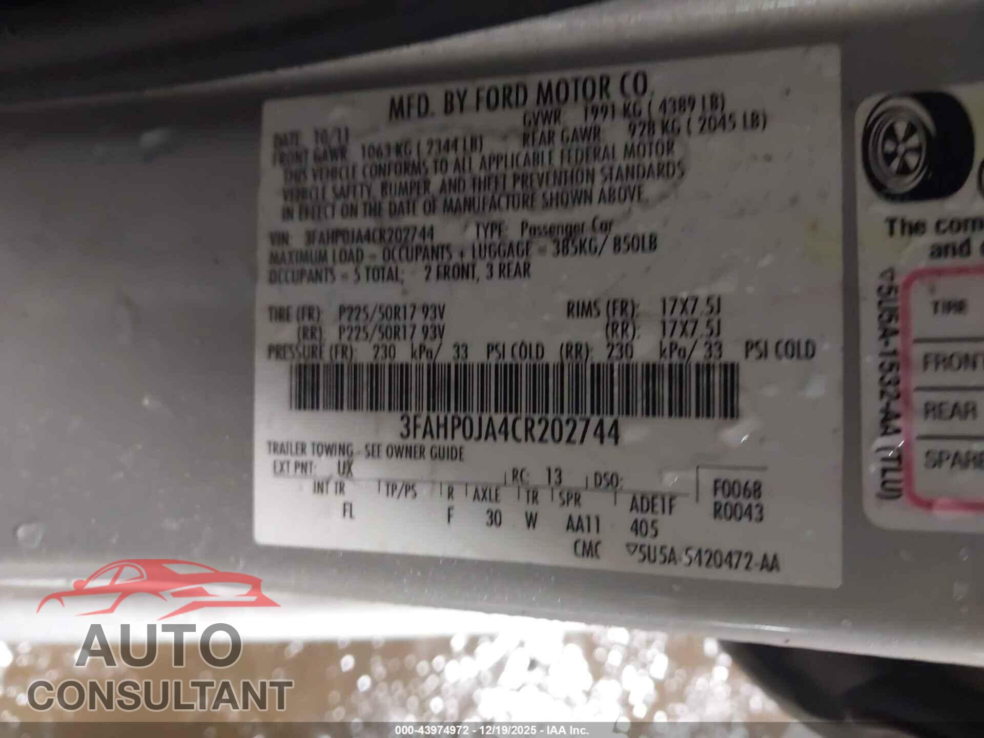 FORD FUSION 2012 - 3FAHP0JA4CR202744
