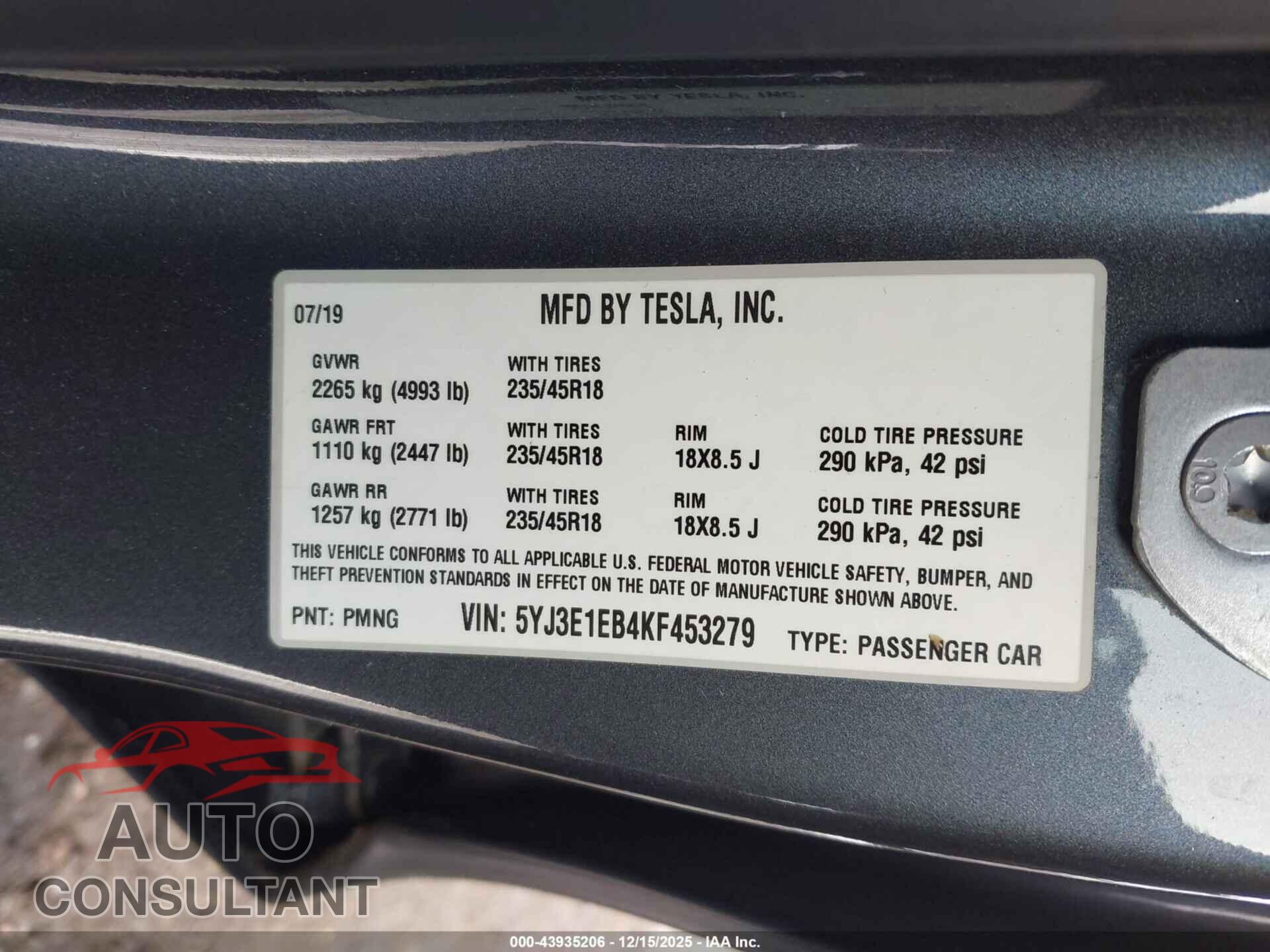 TESLA MODEL 3 2019 - 5YJ3E1EB4KF453279