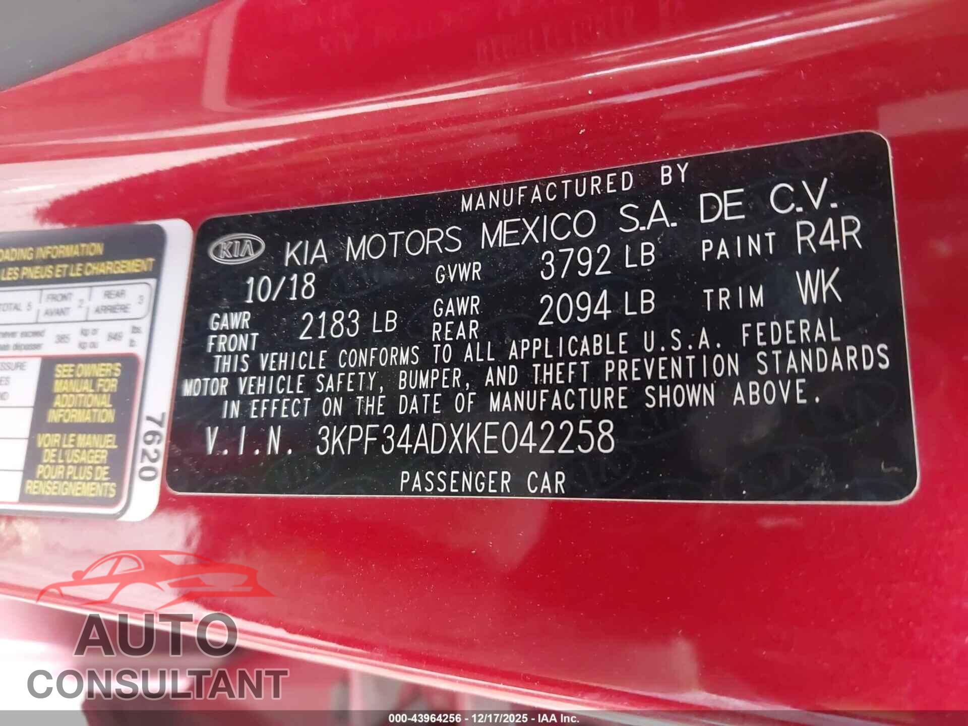 KIA FORTE 2019 - 3KPF34ADXKE042258