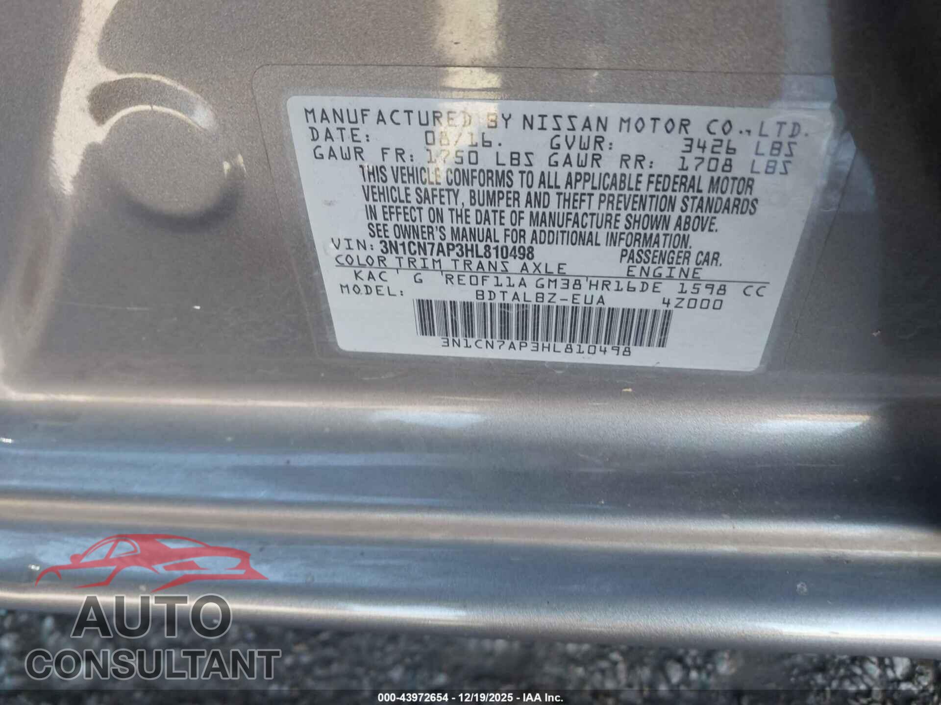 NISSAN VERSA 2017 - 3N1CN7AP3HL810498