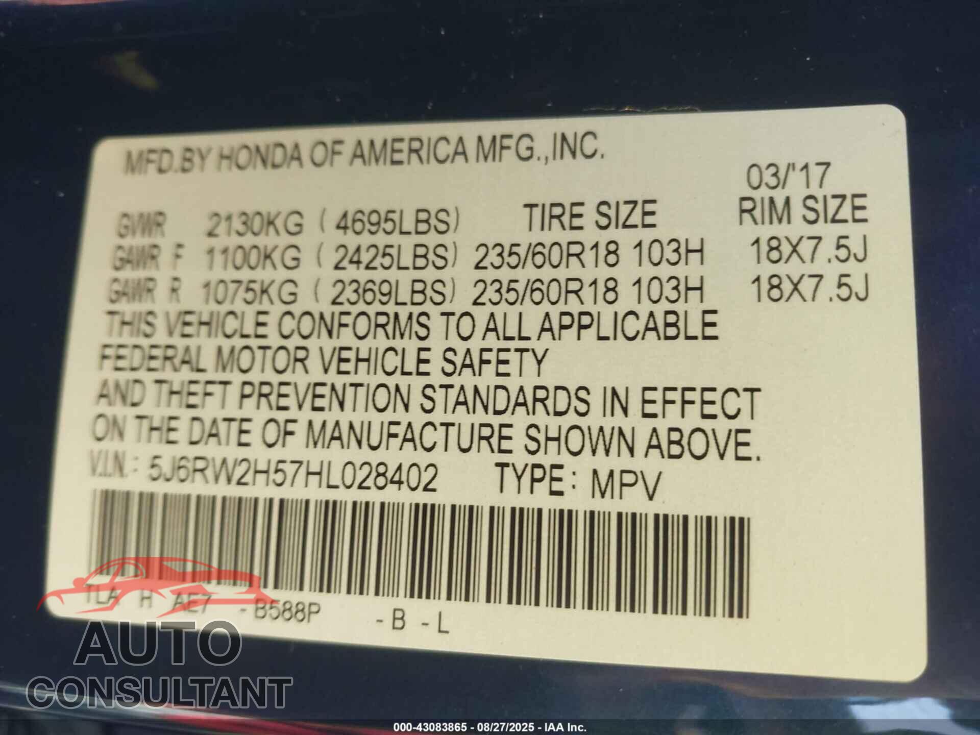 HONDA CR-V 2017 - 5J6RW2H57HL028402
