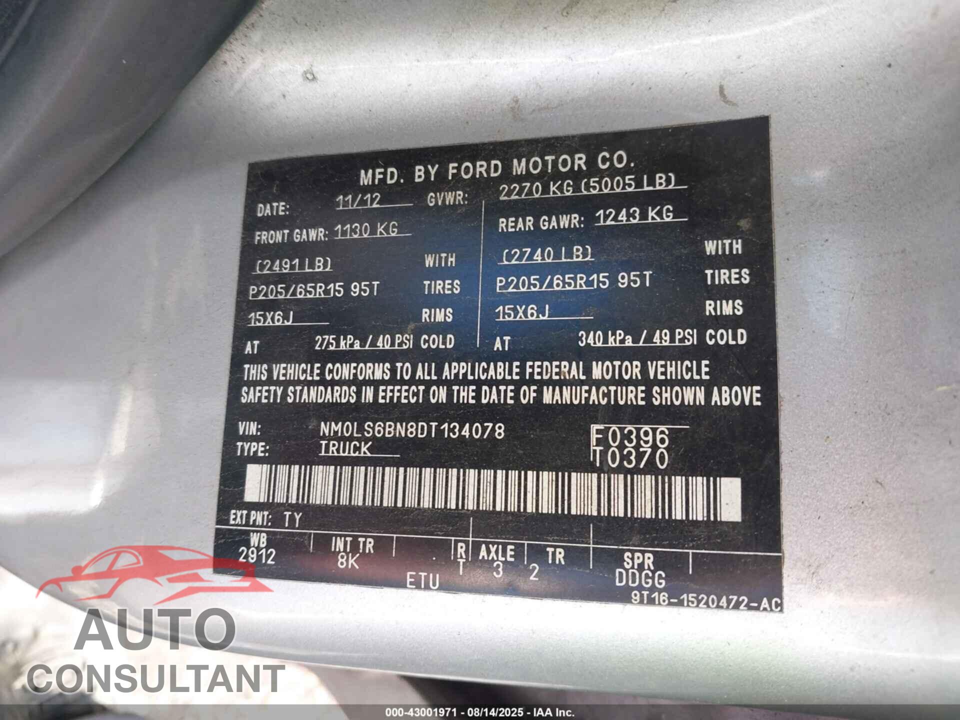 FORD TRANSIT CONNECT 2013 - NM0LS6BN8DT134078