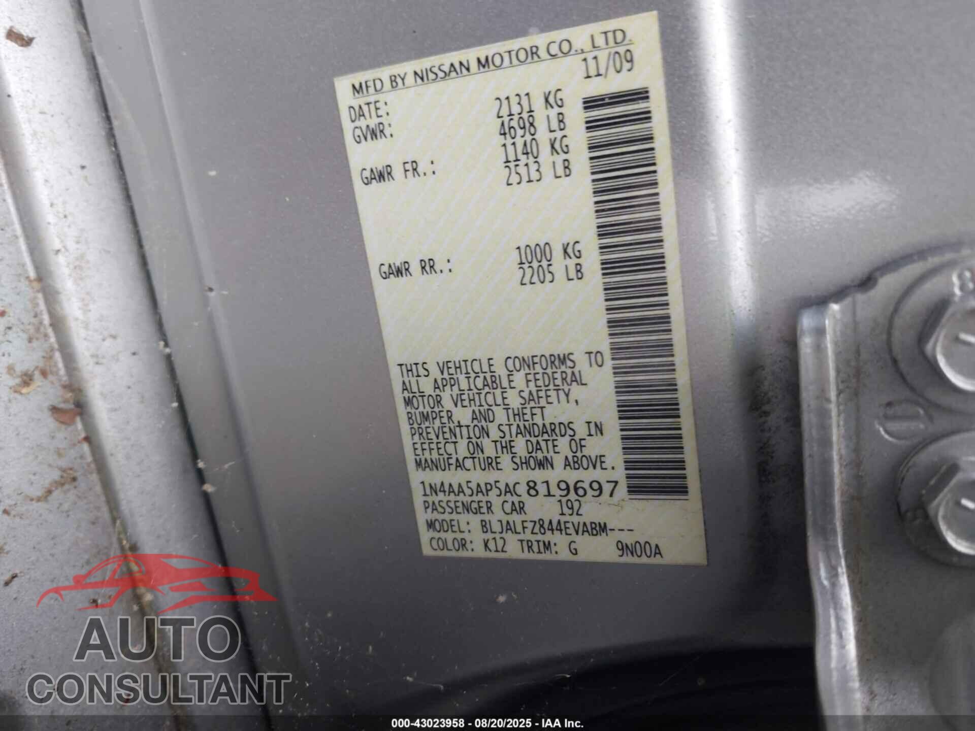 NISSAN MAXIMA 2010 - 1N4AA5AP5AC819697