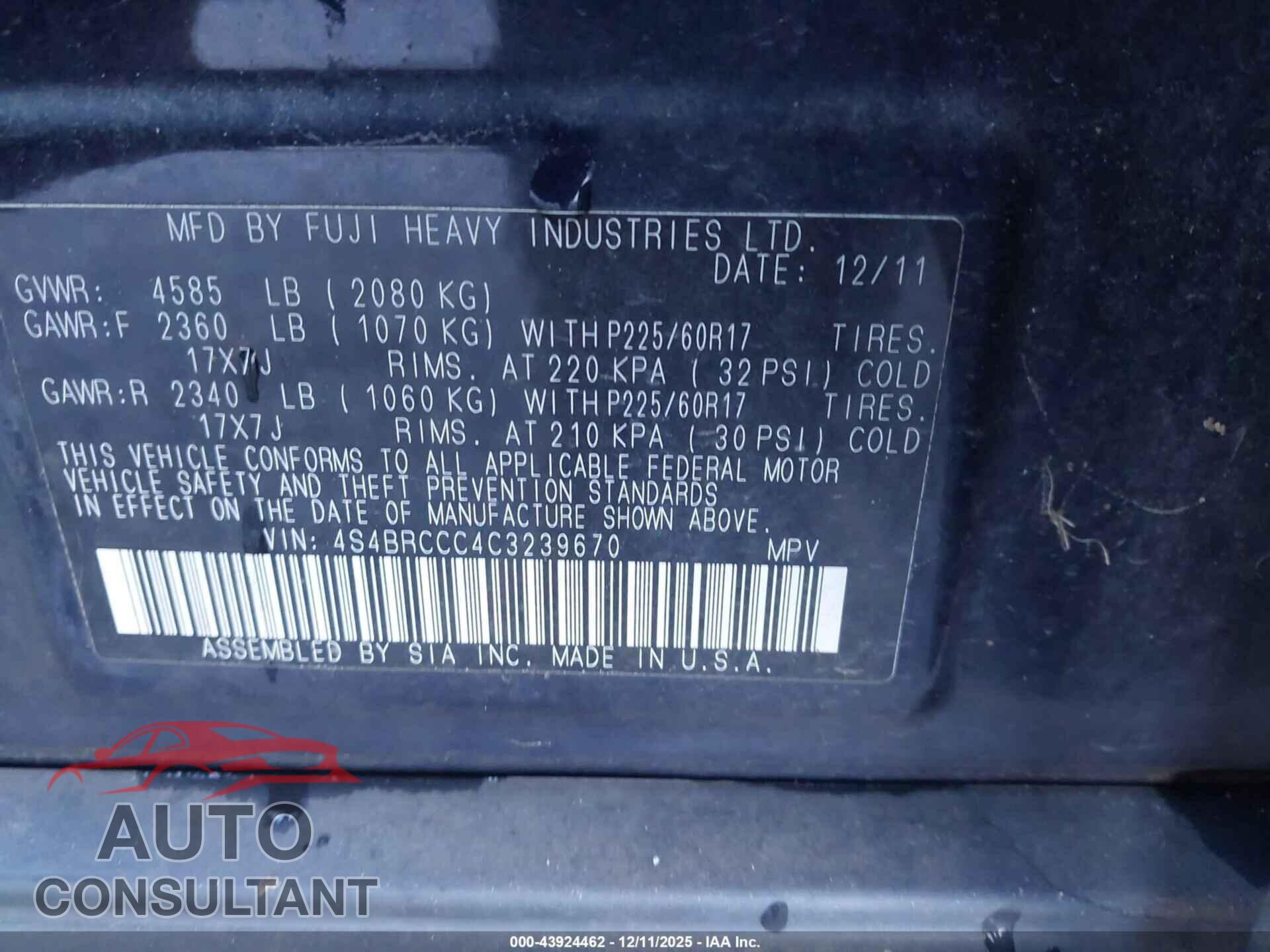 SUBARU OUTBACK 2012 - 4S4BRCCC4C3239670