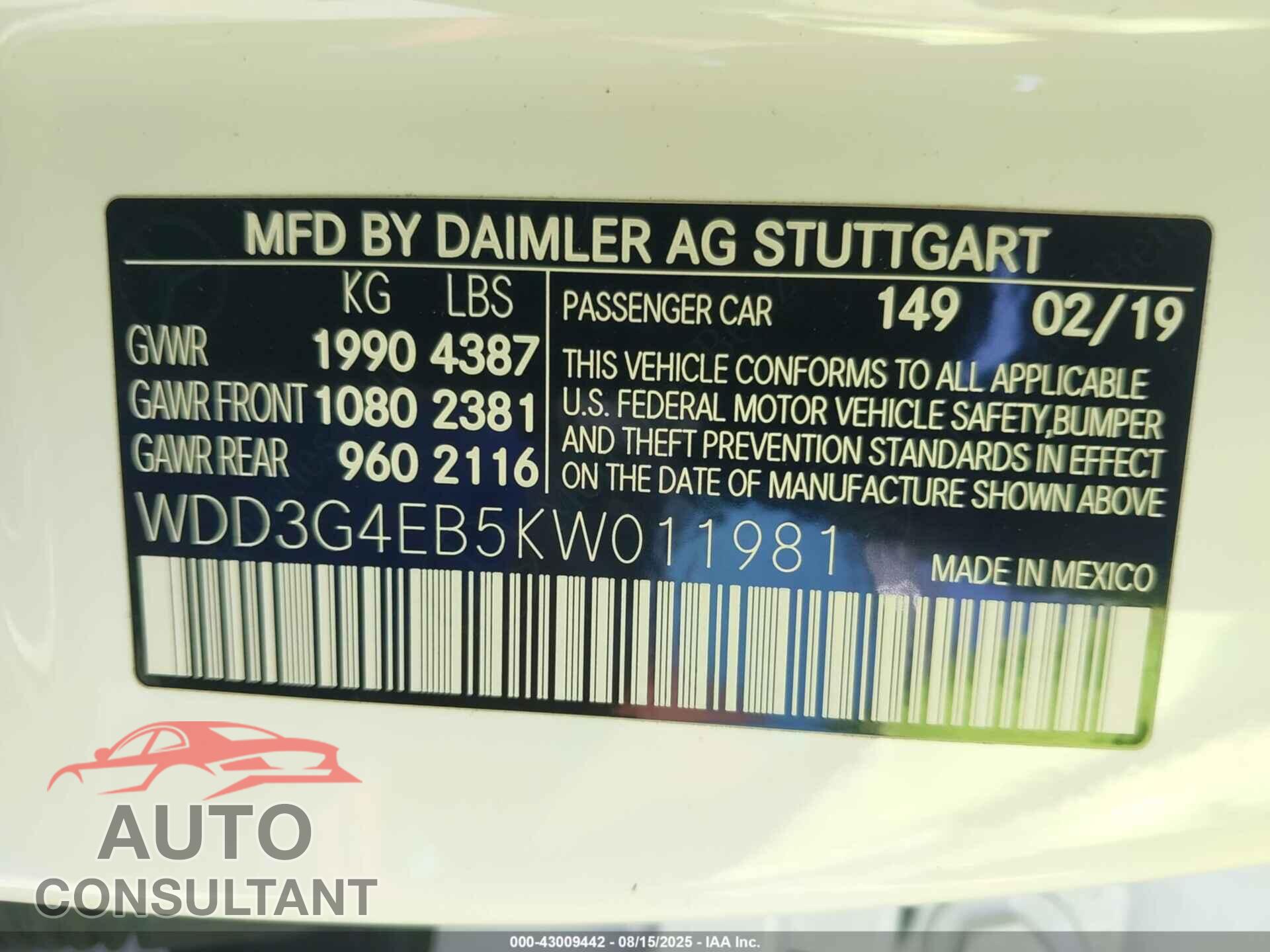 MERCEDES-BENZ A 220 2019 - WDD3G4EB5KW011981