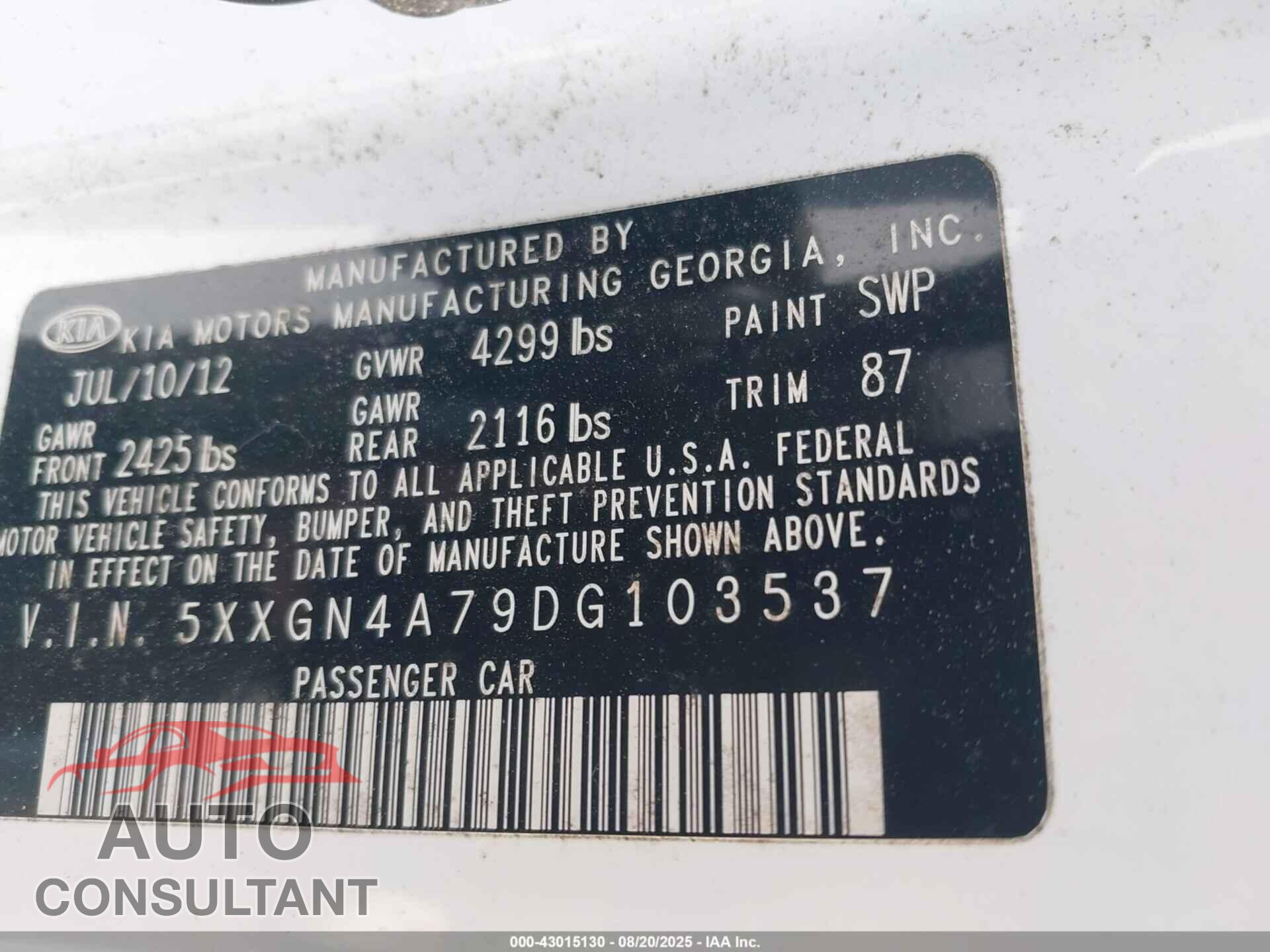 KIA OPTIMA 2013 - 5XXGN4A79DG103537
