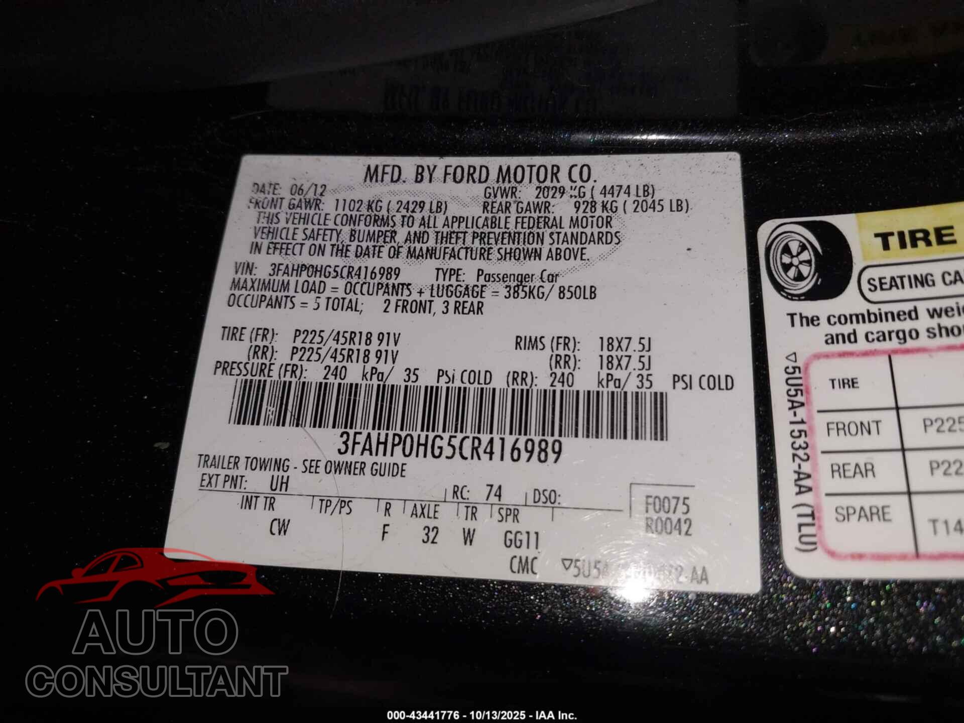 FORD FUSION 2012 - 3FAHP0HG5CR416989