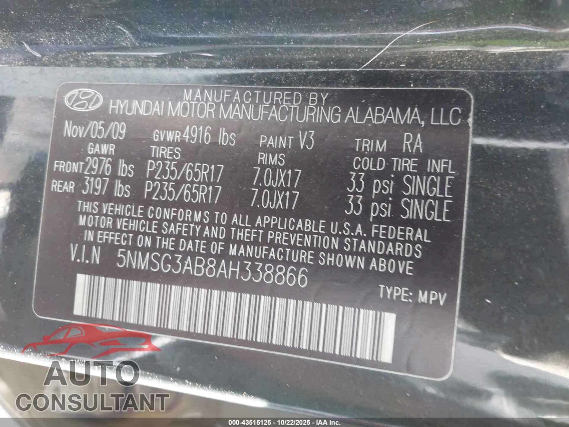 HYUNDAI SANTA FE 2010 - 5NMSG3AB8AH338866