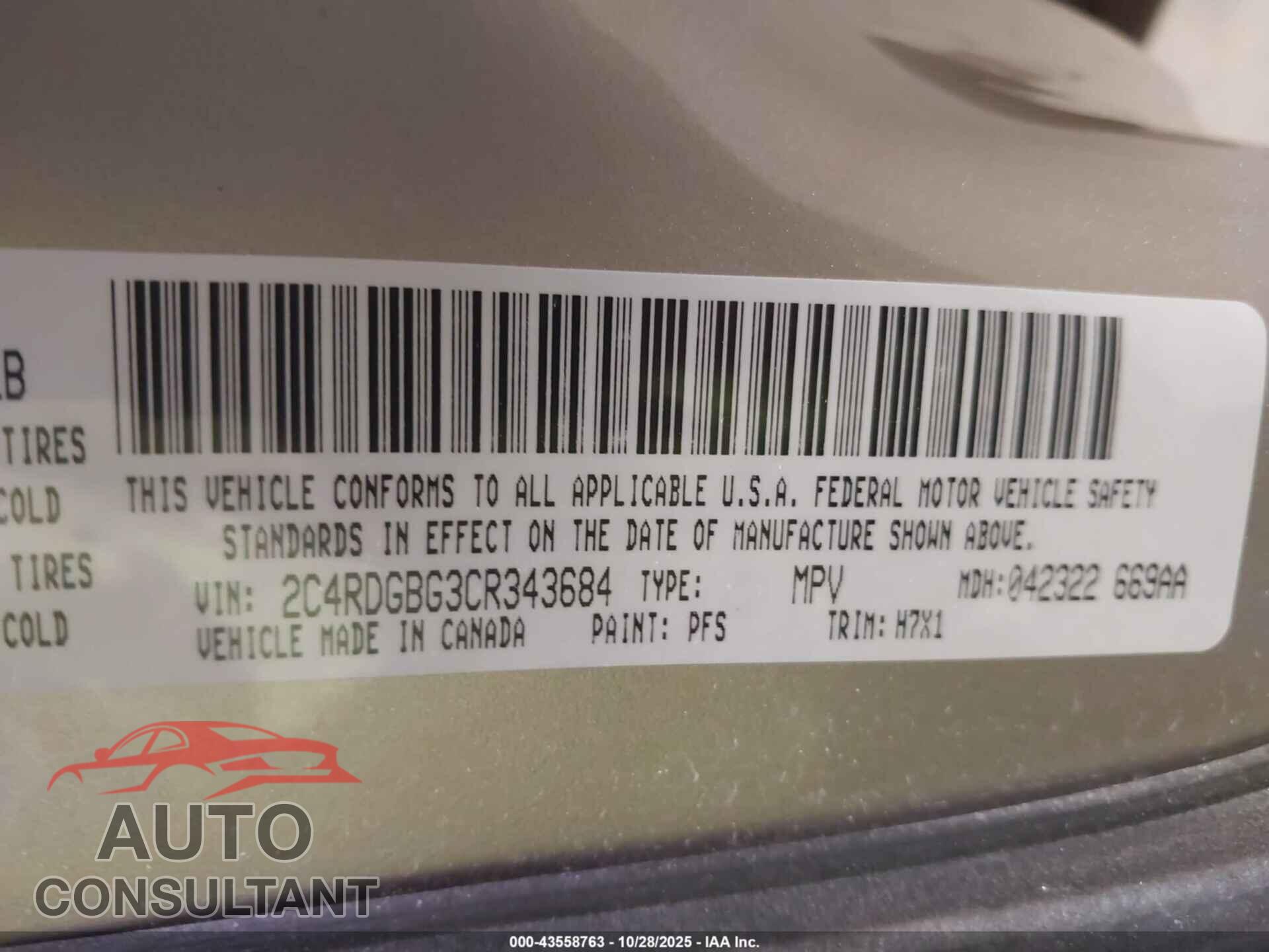 DODGE GRAND CARAVAN 2012 - 2C4RDGBG3CR343684