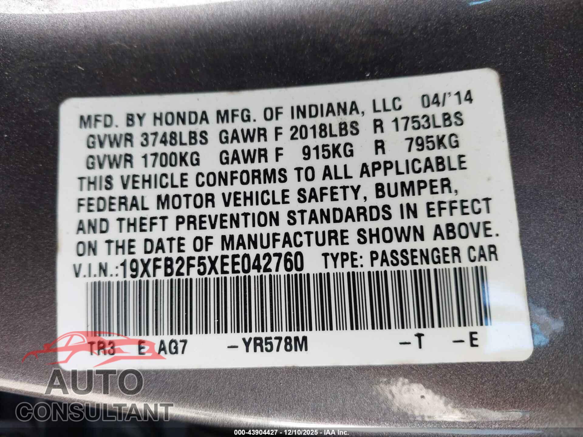 HONDA CIVIC 2014 - 19XFB2F5XEE042760