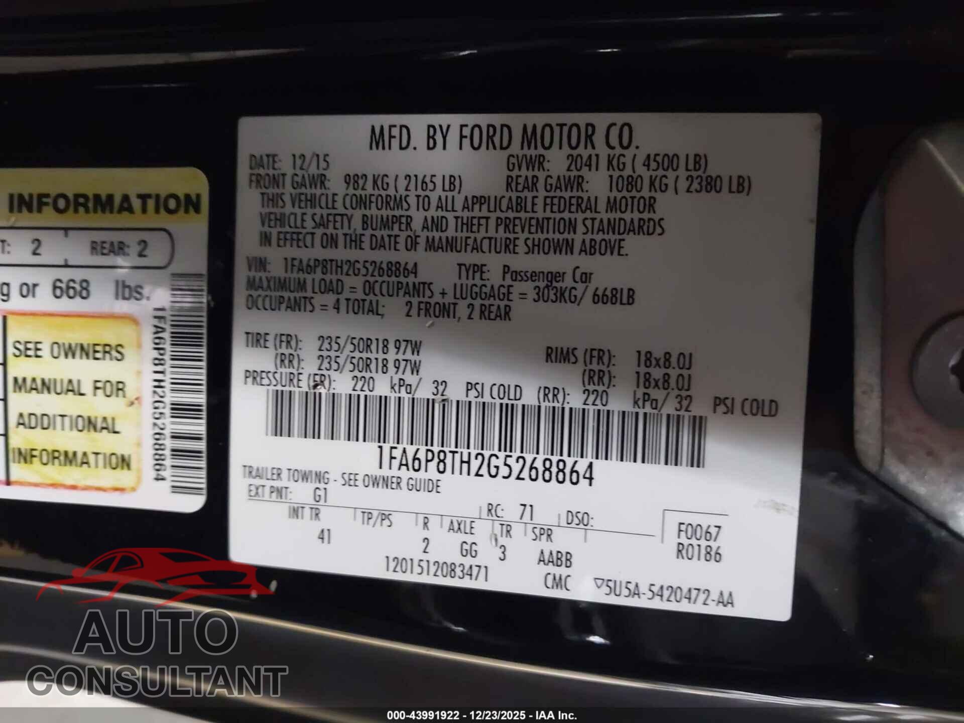 FORD MUSTANG 2016 - 1FA6P8TH2G5268864