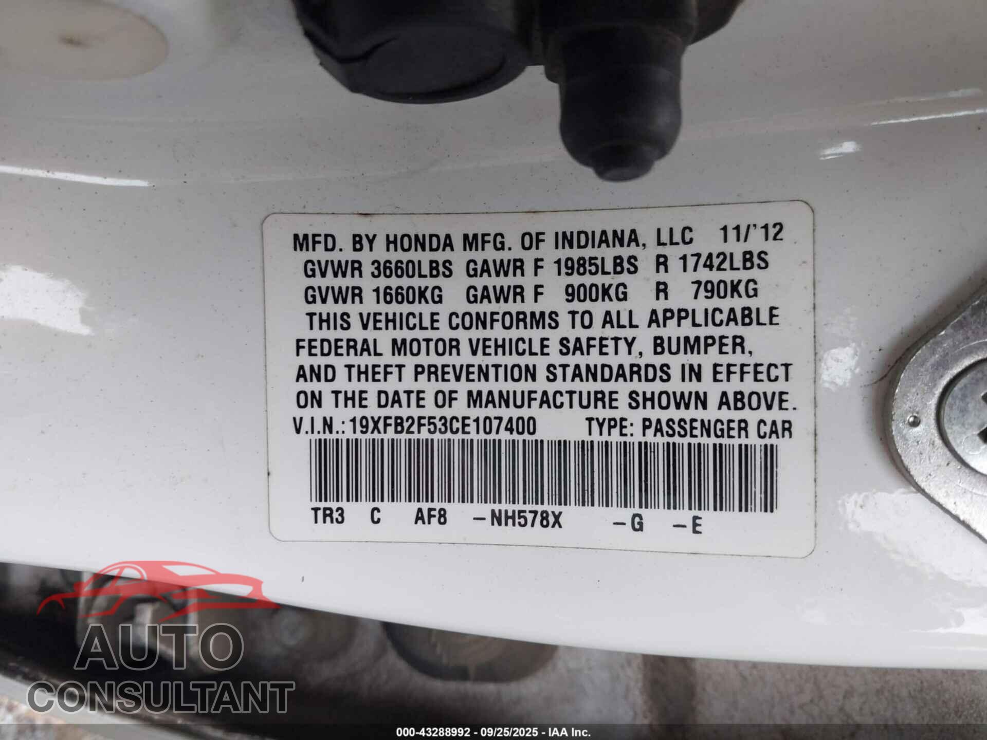 HONDA CIVIC 2012 - 19XFB2F53CE107400