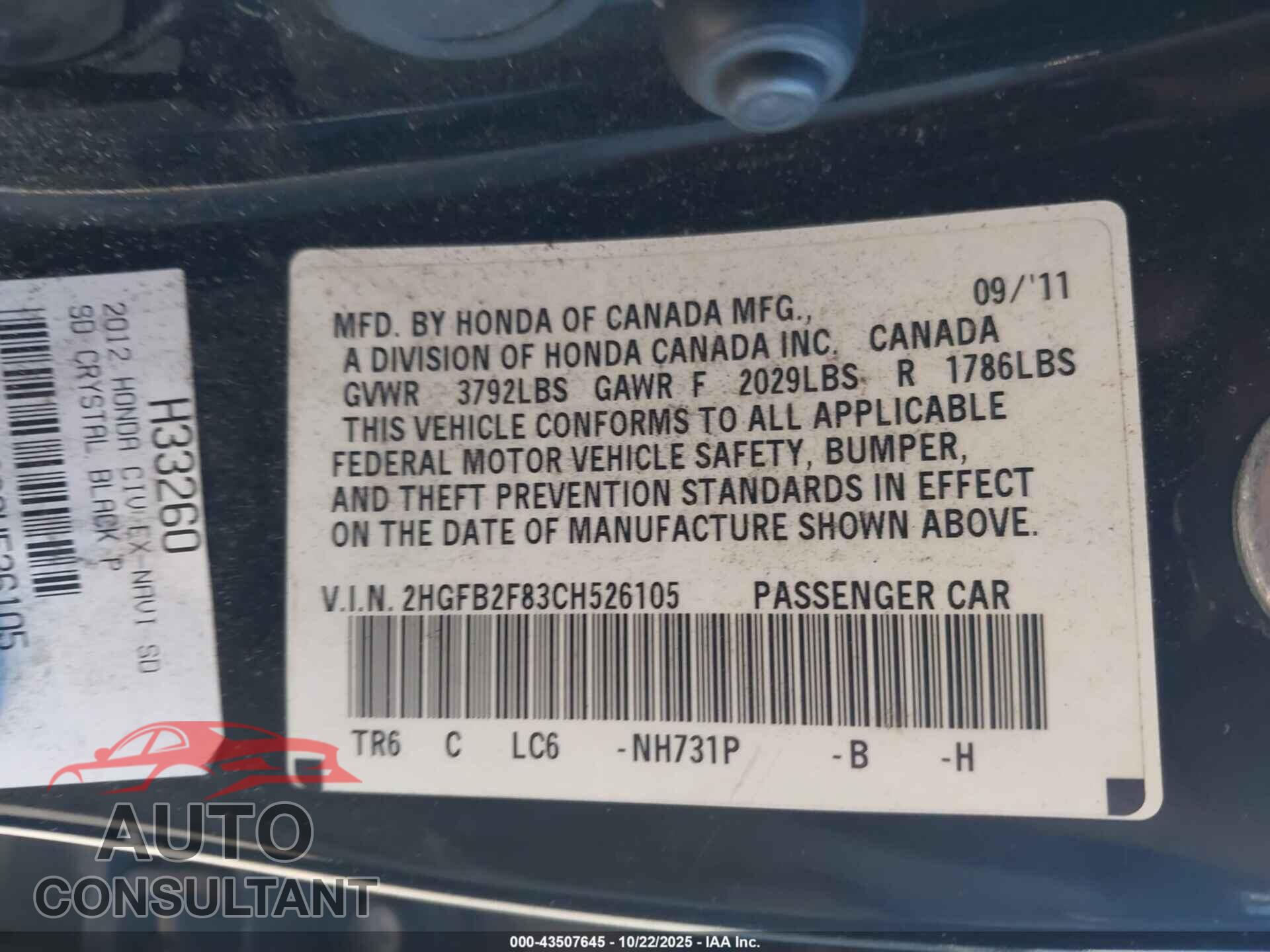 HONDA CIVIC 2012 - 2HGFB2F83CH526105