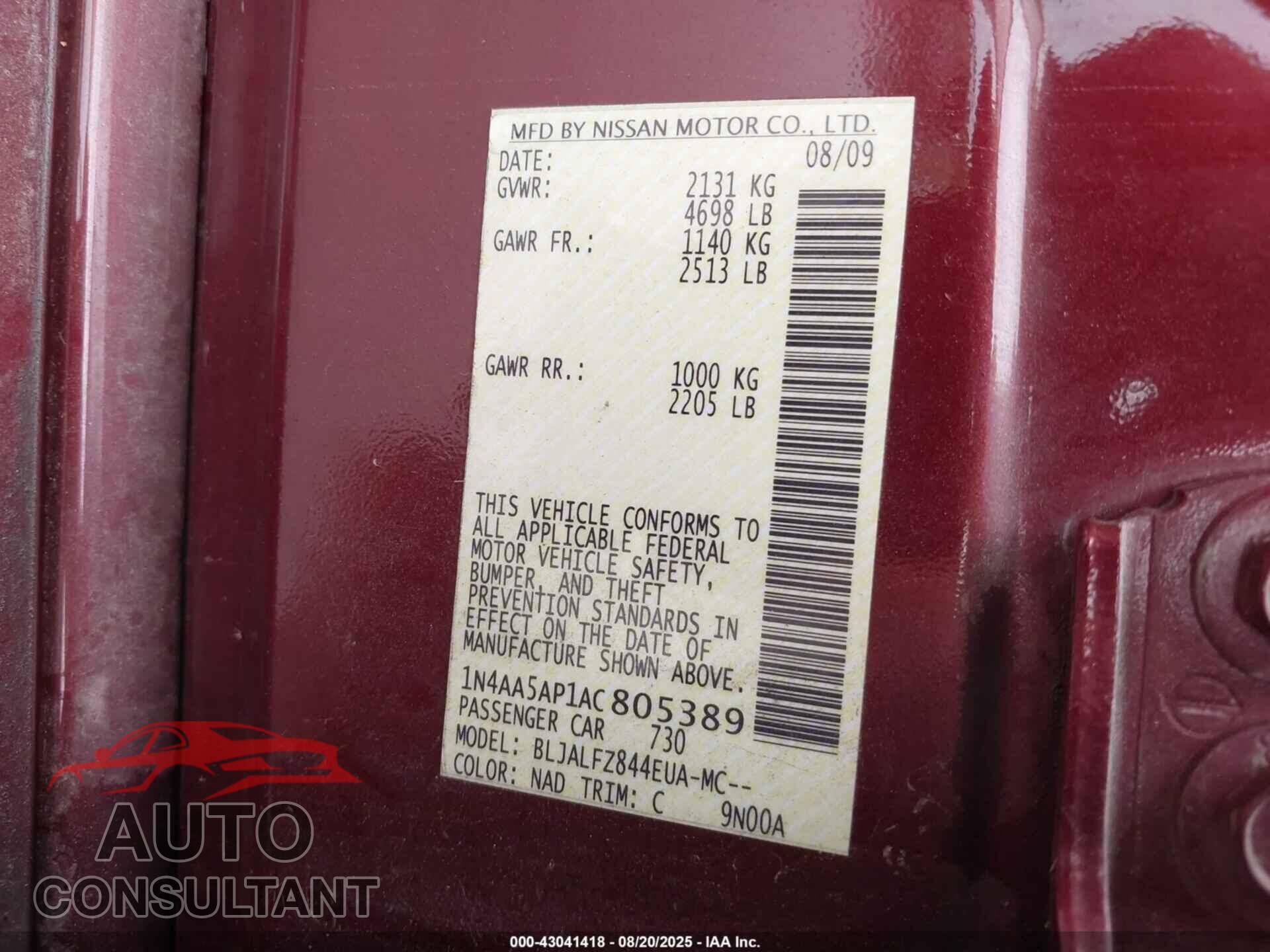 NISSAN MAXIMA 2010 - 1N4AA5AP1AC805389