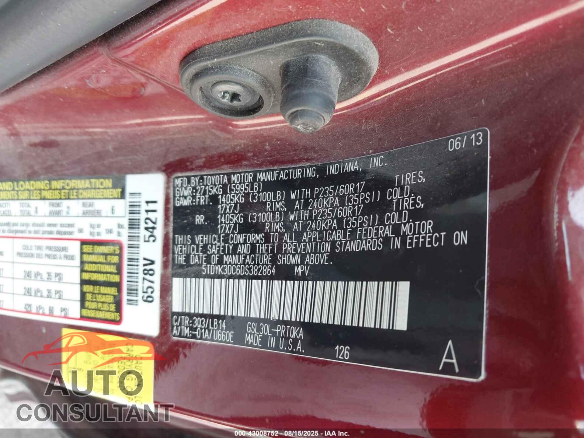 TOYOTA SIENNA 2013 - 5TDYK3DC6DS382864