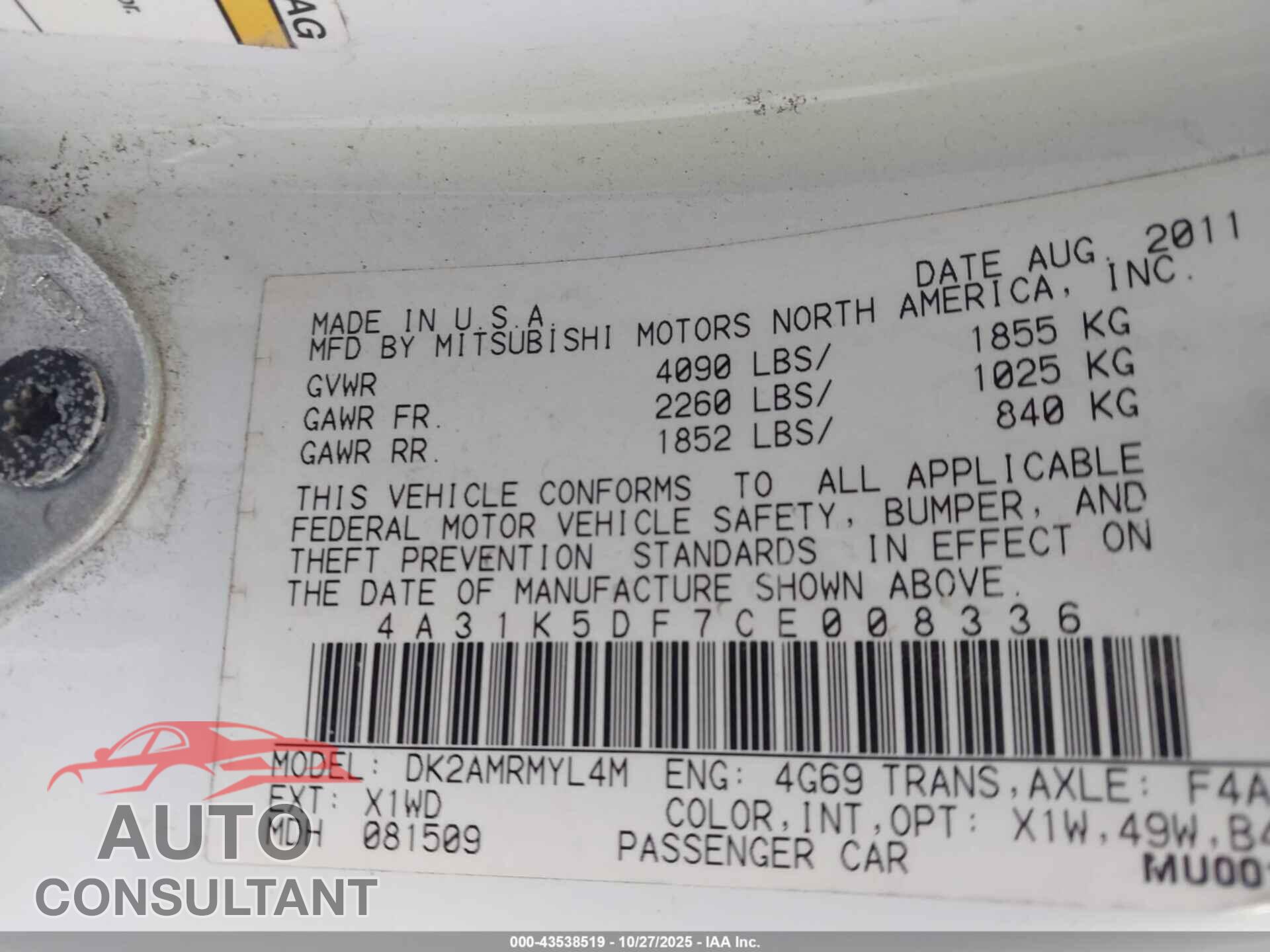 MITSUBISHI ECLIPSE 2012 - 4A31K5DF7CE008336