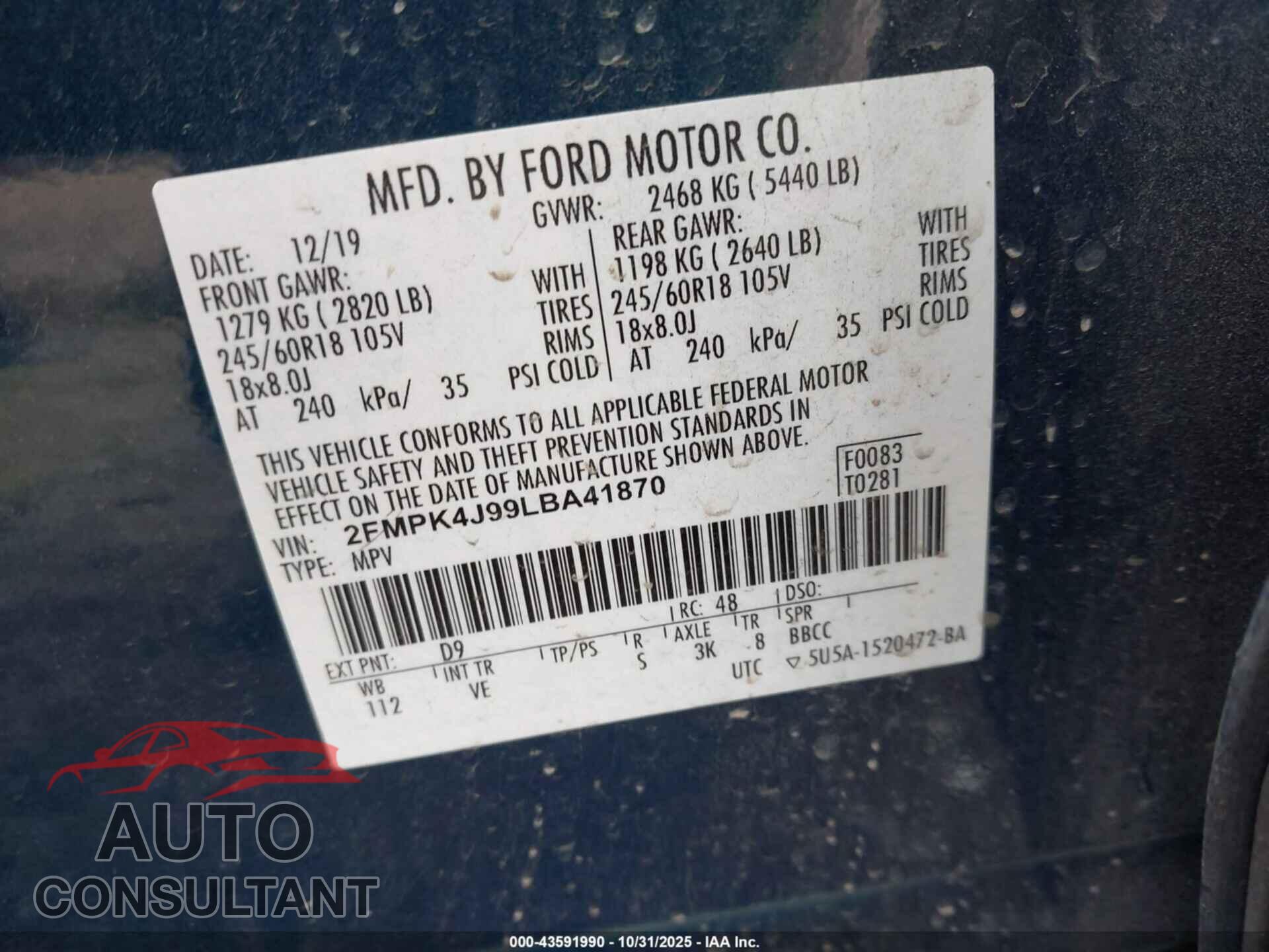 FORD EDGE 2020 - 2FMPK4J99LBA41870