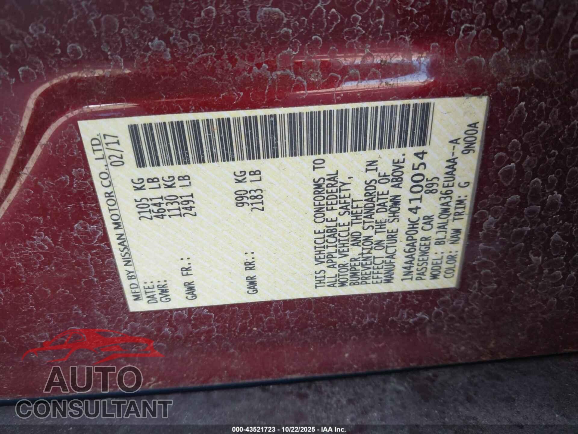 NISSAN MAXIMA 2017 - 1N4AA6AP0HC410054