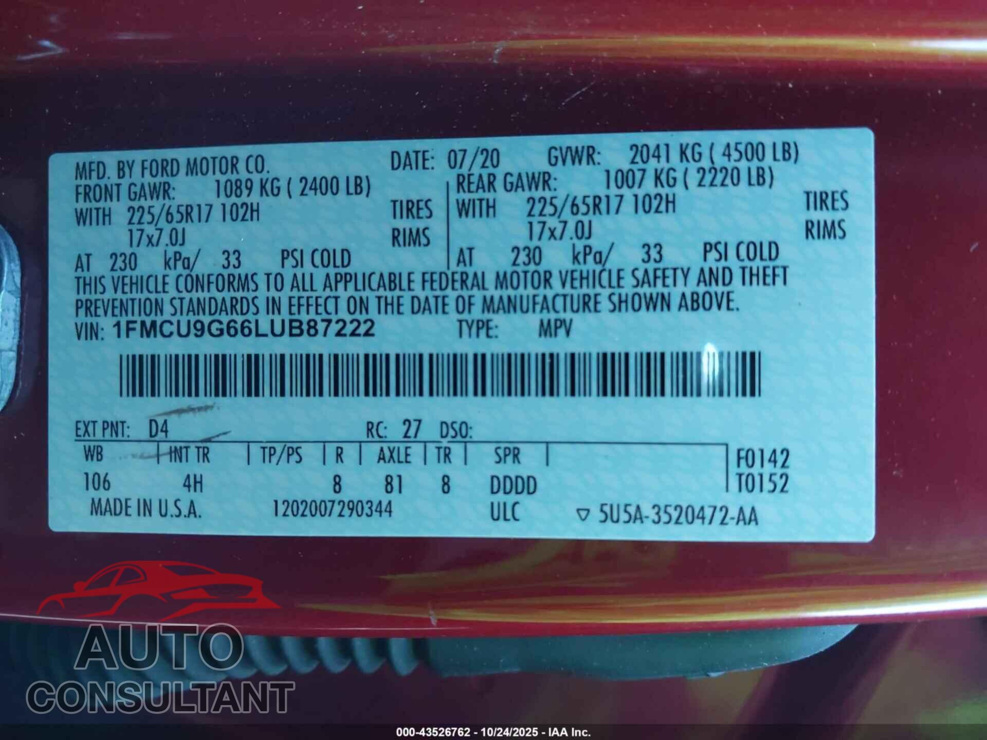 FORD ESCAPE 2020 - 1FMCU9G66LUB87222