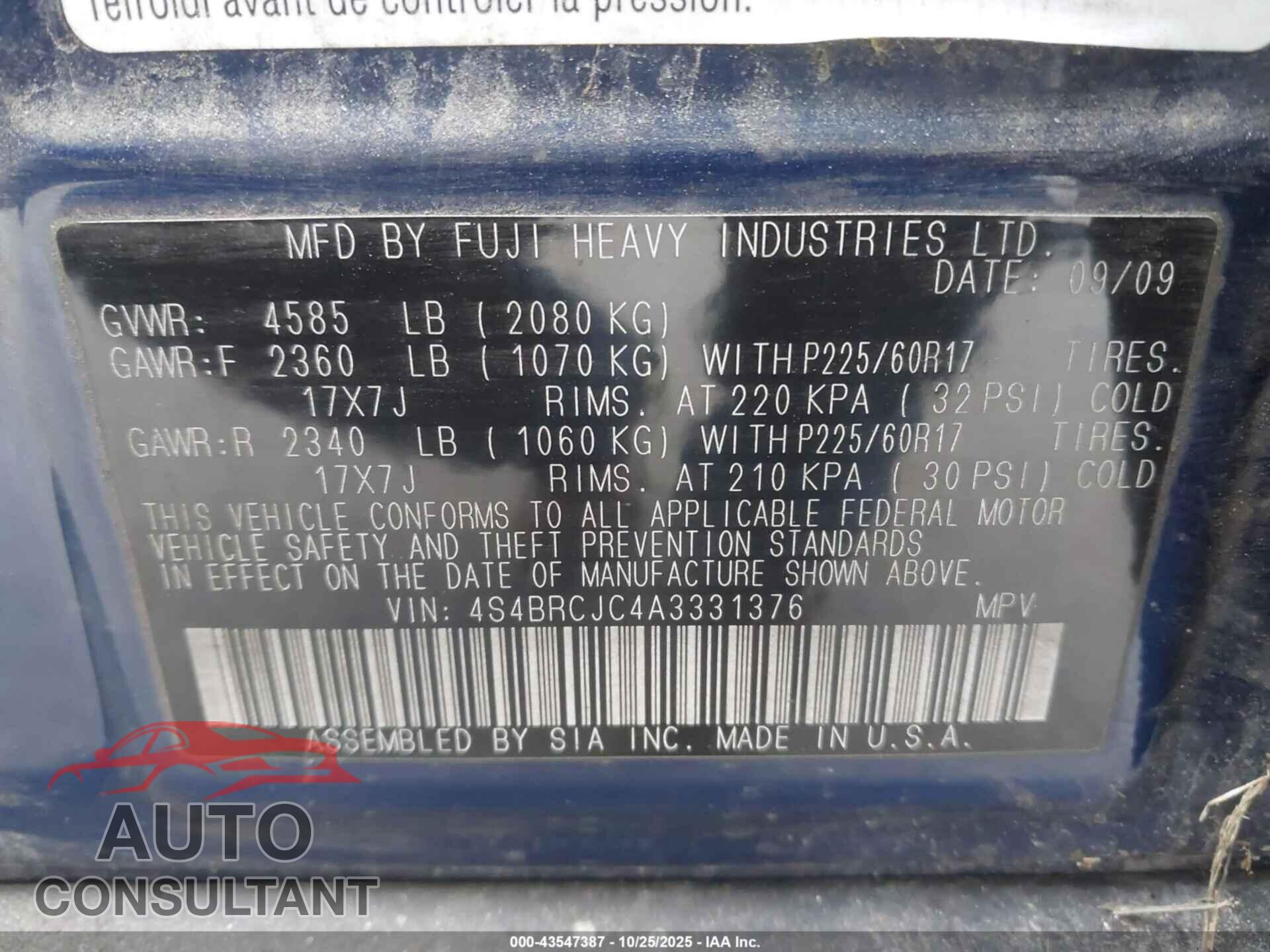 SUBARU OUTBACK 2010 - 4S4BRCJC4A3331376