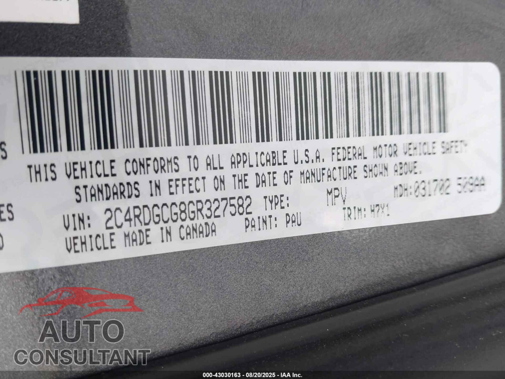 DODGE GRAND CARAVAN 2016 - 2C4RDGCG8GR327582