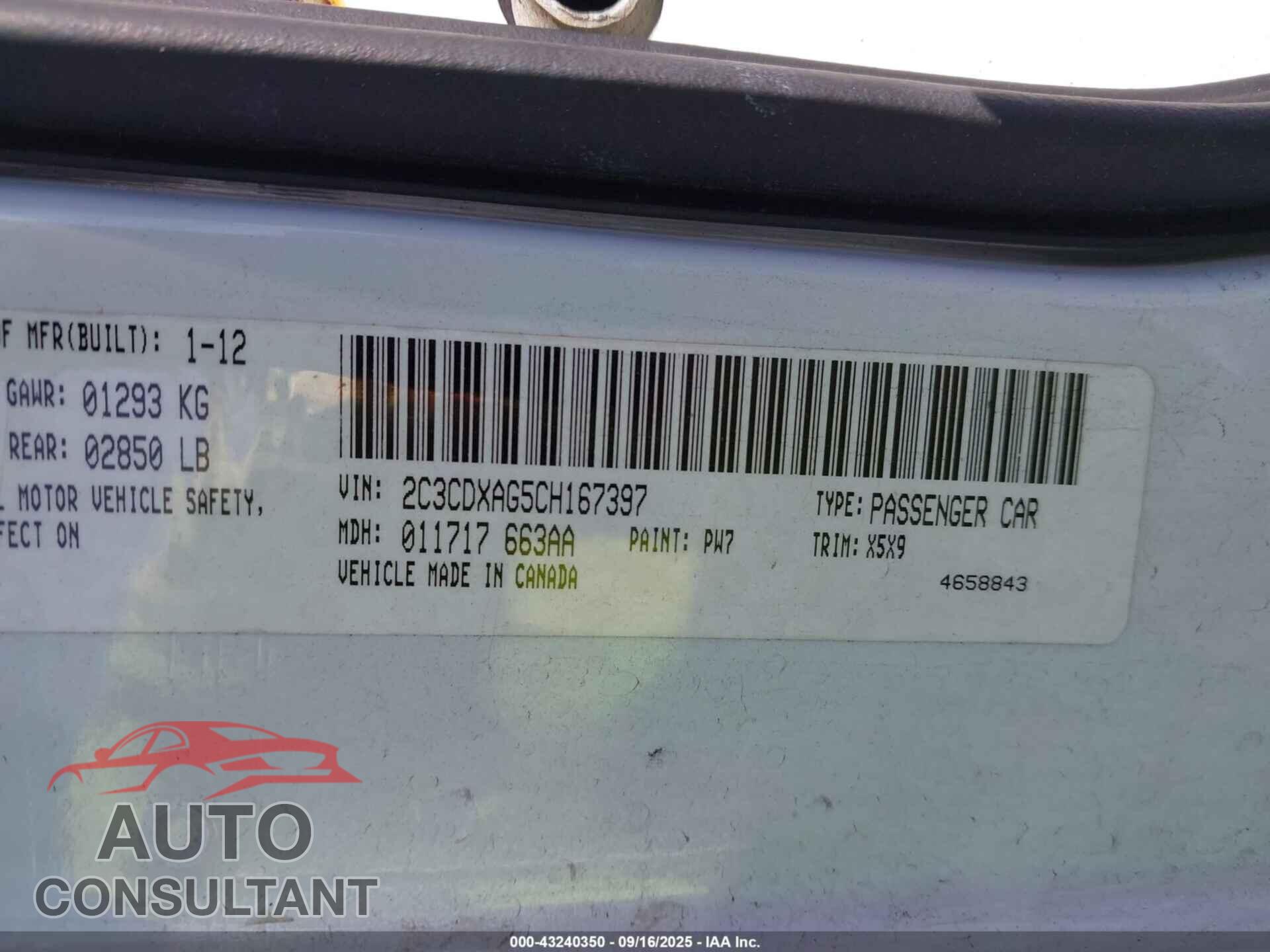 DODGE CHARGER 2012 - 2C3CDXAG5CH167397