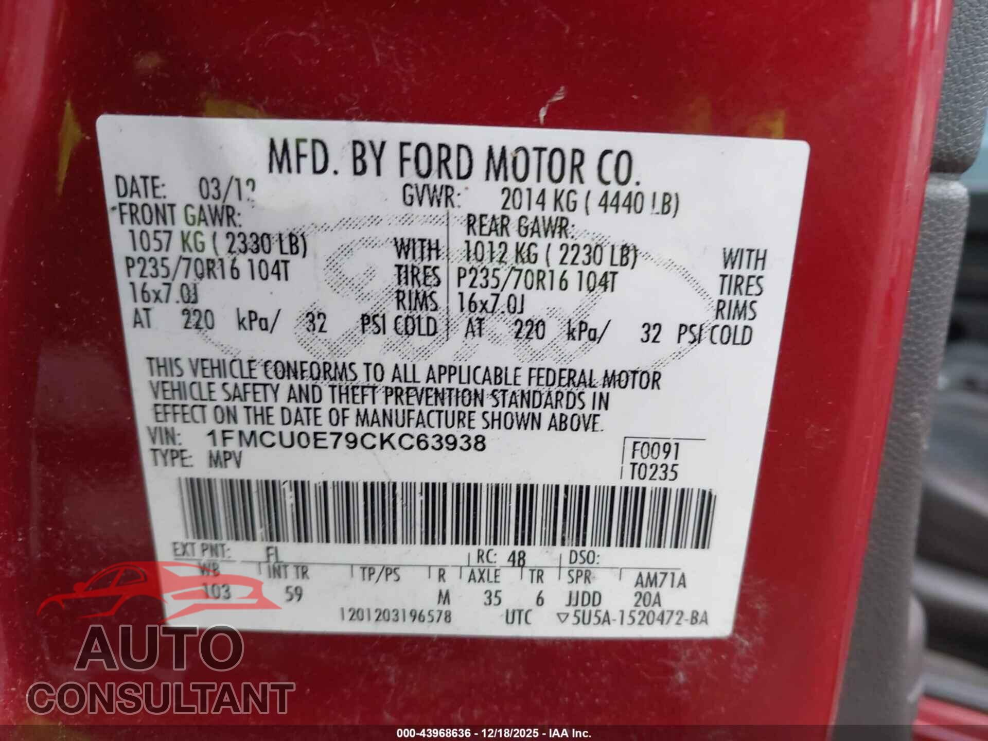 FORD ESCAPE 2012 - 1FMCU0E79CKC63938