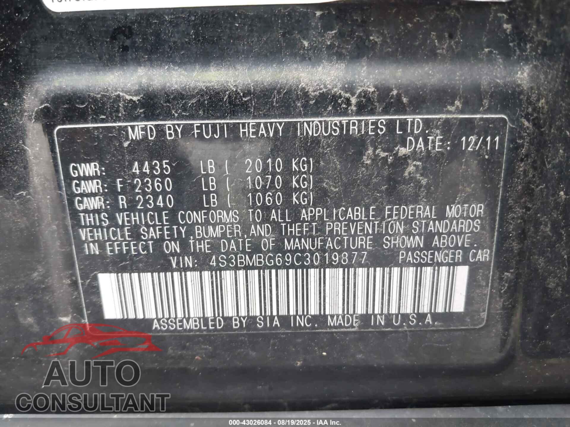 SUBARU LEGACY 2012 - 4S3BMBG69C3019877