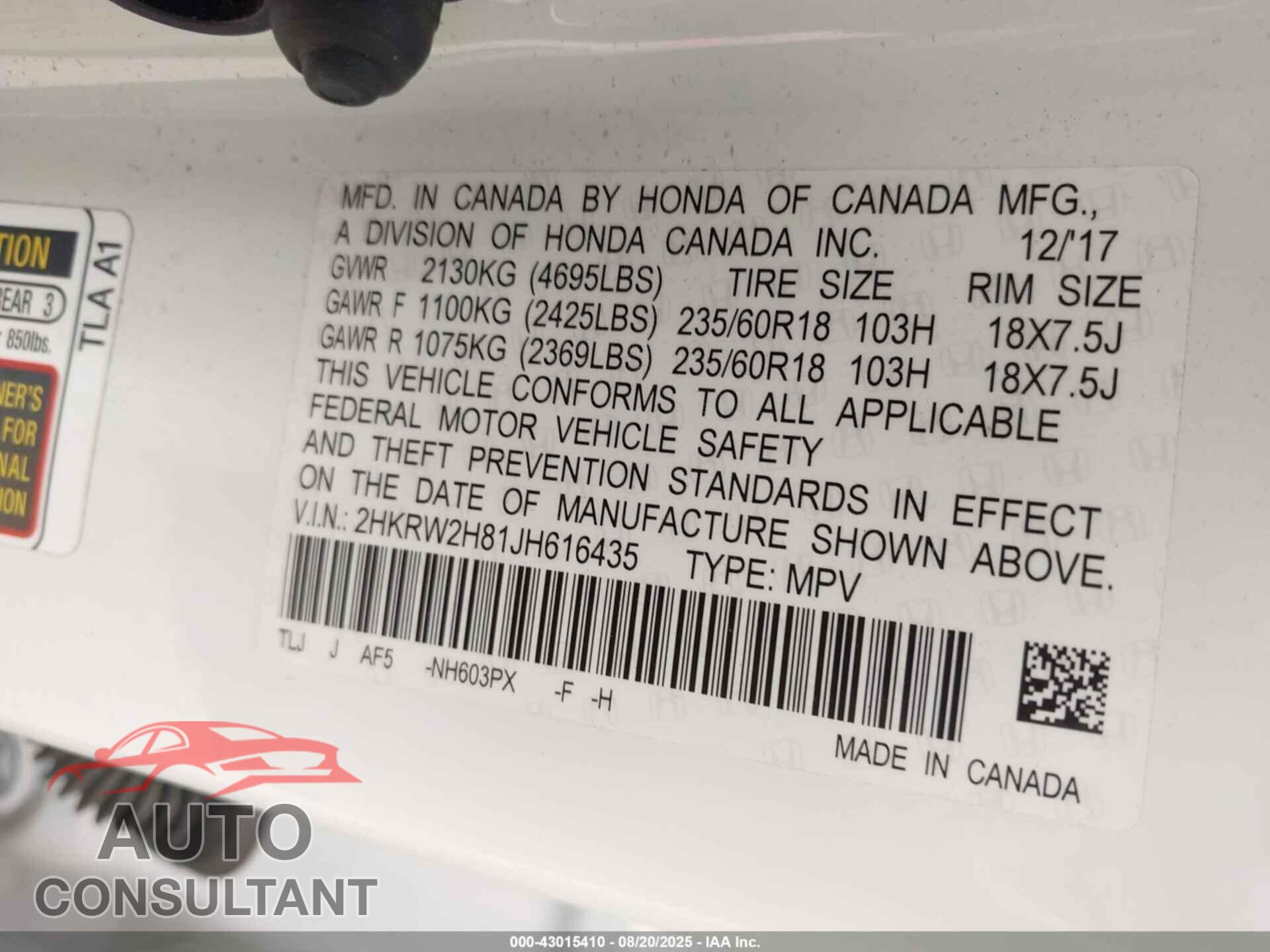 HONDA CR-V 2018 - 2HKRW2H81JH616435