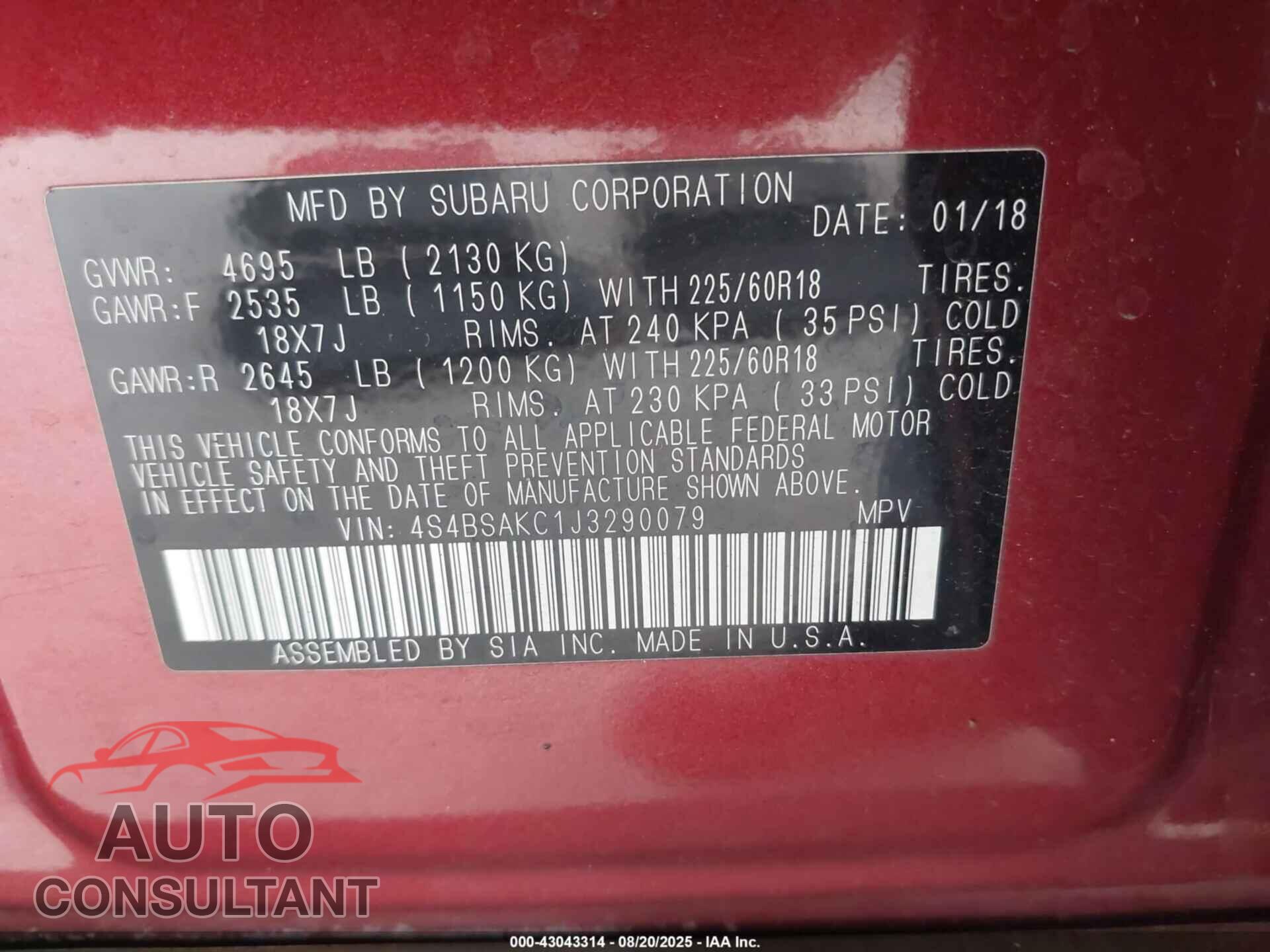 SUBARU OUTBACK 2018 - 4S4BSAKC1J3290079