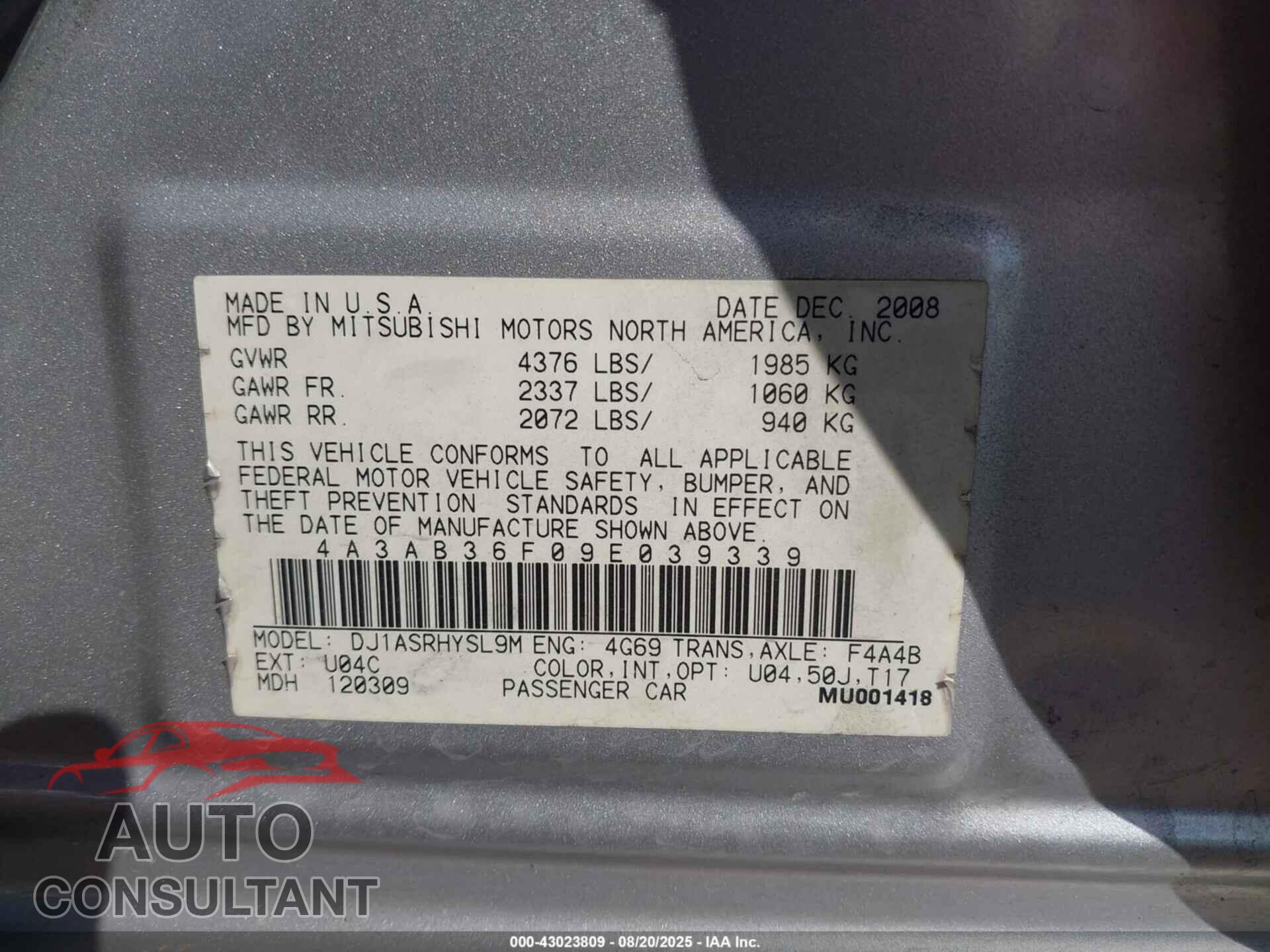 MITSUBISHI GALANT 2009 - 4A3AB36F09E039339