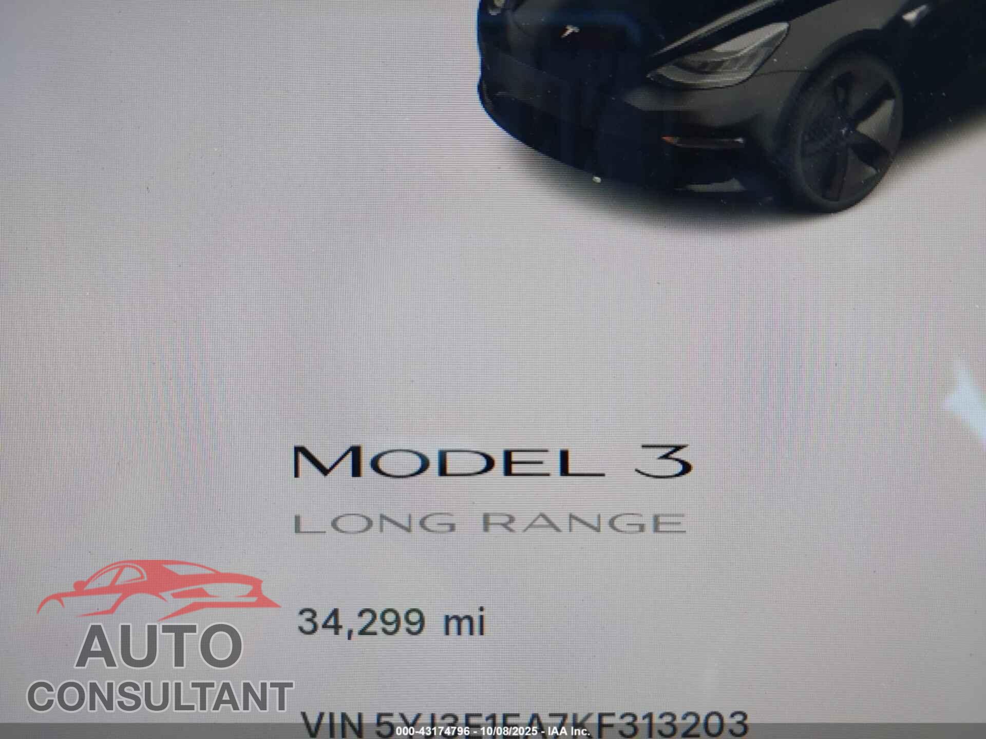 TESLA MODEL 3 2019 - 5YJ3E1EA7KF313203